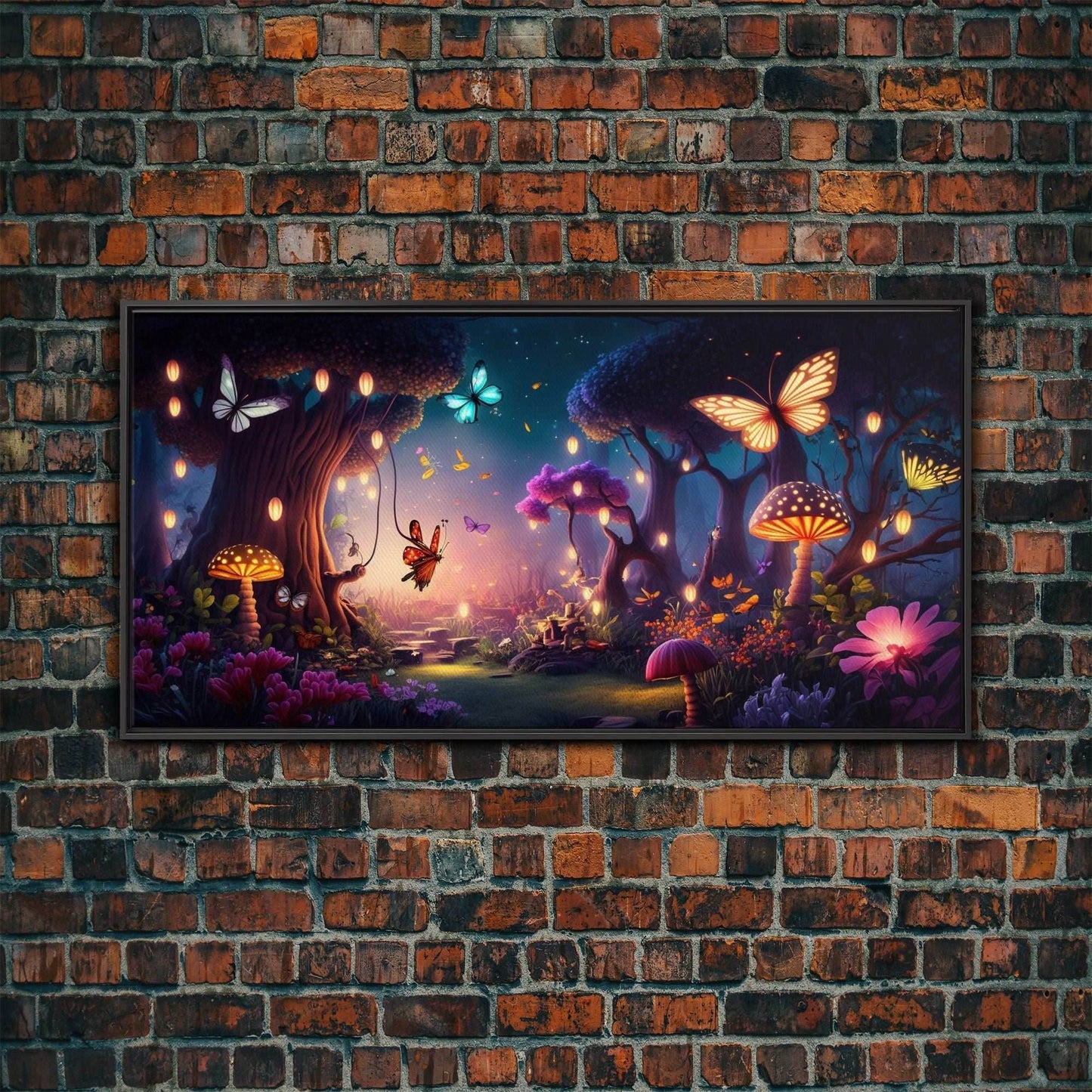 Vibrant Fantasy Forest Wall Art, The Forest Floor, Bioluminescent Glowing Butterflies, Gift, Framed Canvas Print - 10x20 Inches / Black Frame