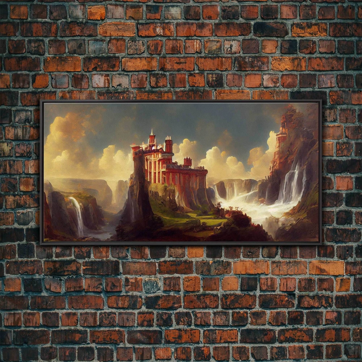 Fantasy wall art, canvas print, castle in the sky, castle atop mountains and waterfalls, watercolor - 10x20 Inches / Black Frame