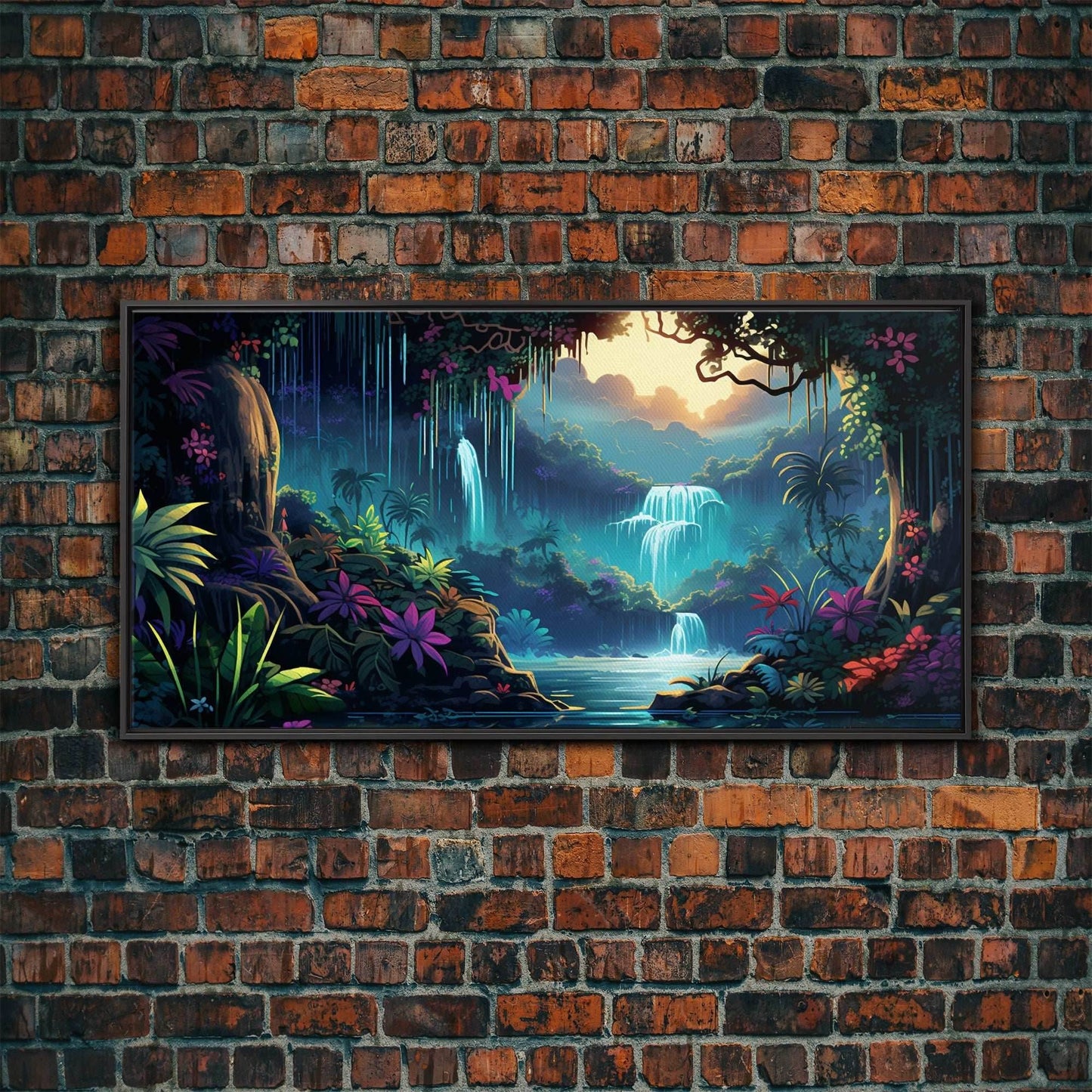 Fantasy Forest Wall Art, Waterfalls, Forest Wall Art, Trees Wall Print, Panoramic Art, Wall Art, Canvas Art, Landscape Art, Gaming Wall Art - 10x20 Inches / Black Frame