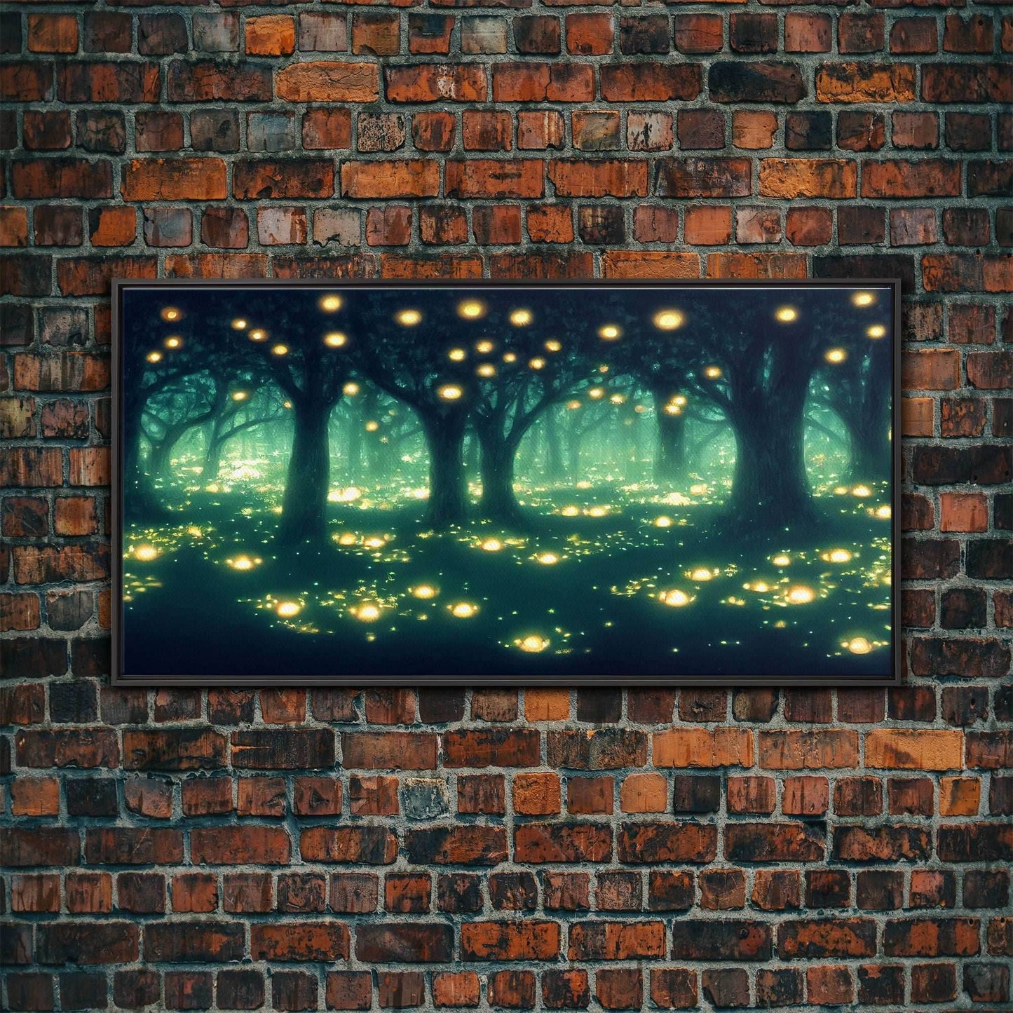 Fireflies At Night In A Fantasy Forest, Framed Ready To Hang Canvas Print, beautiful wall art, guest room decor - 10x20 Inches / Black Frame