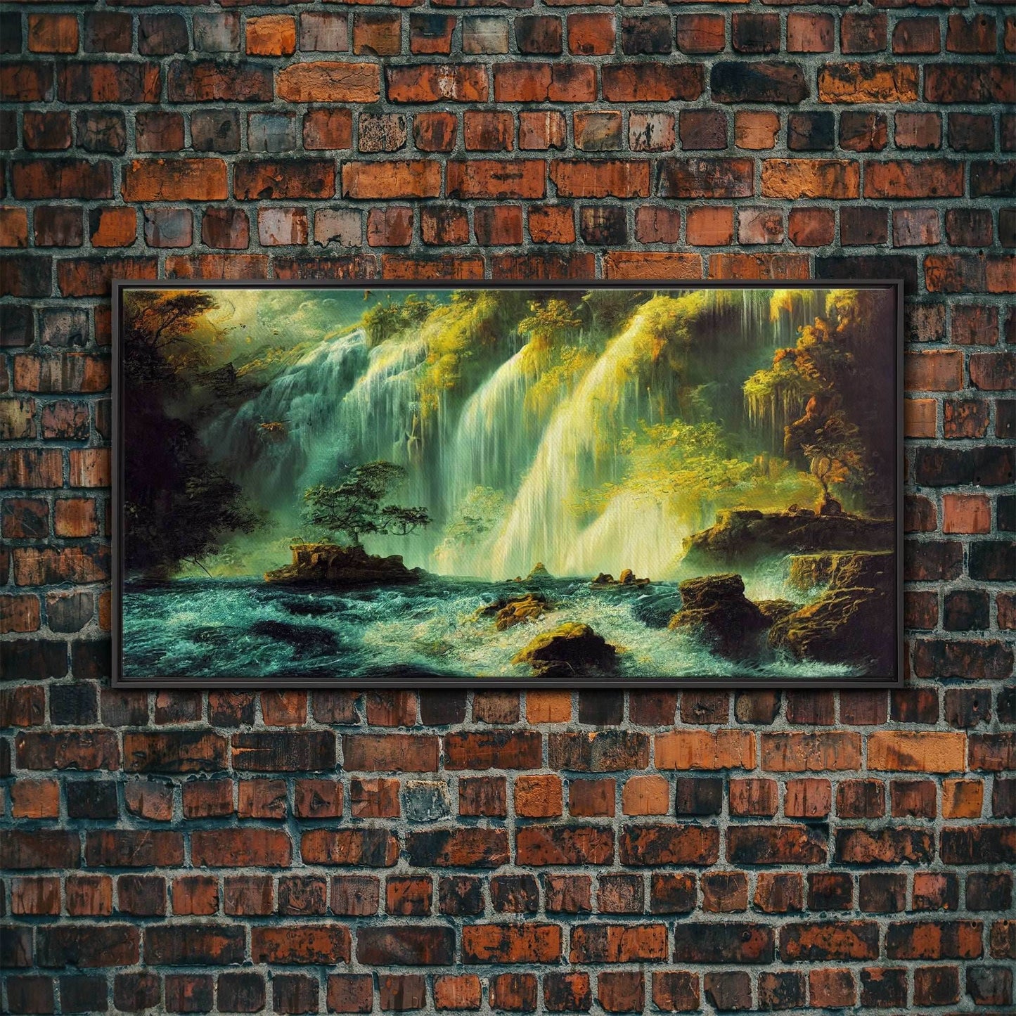 High Fantasy Wall Art, Secret Waterfall, ready to hang canvas print, framed art - 10x20 Inches / Black Frame