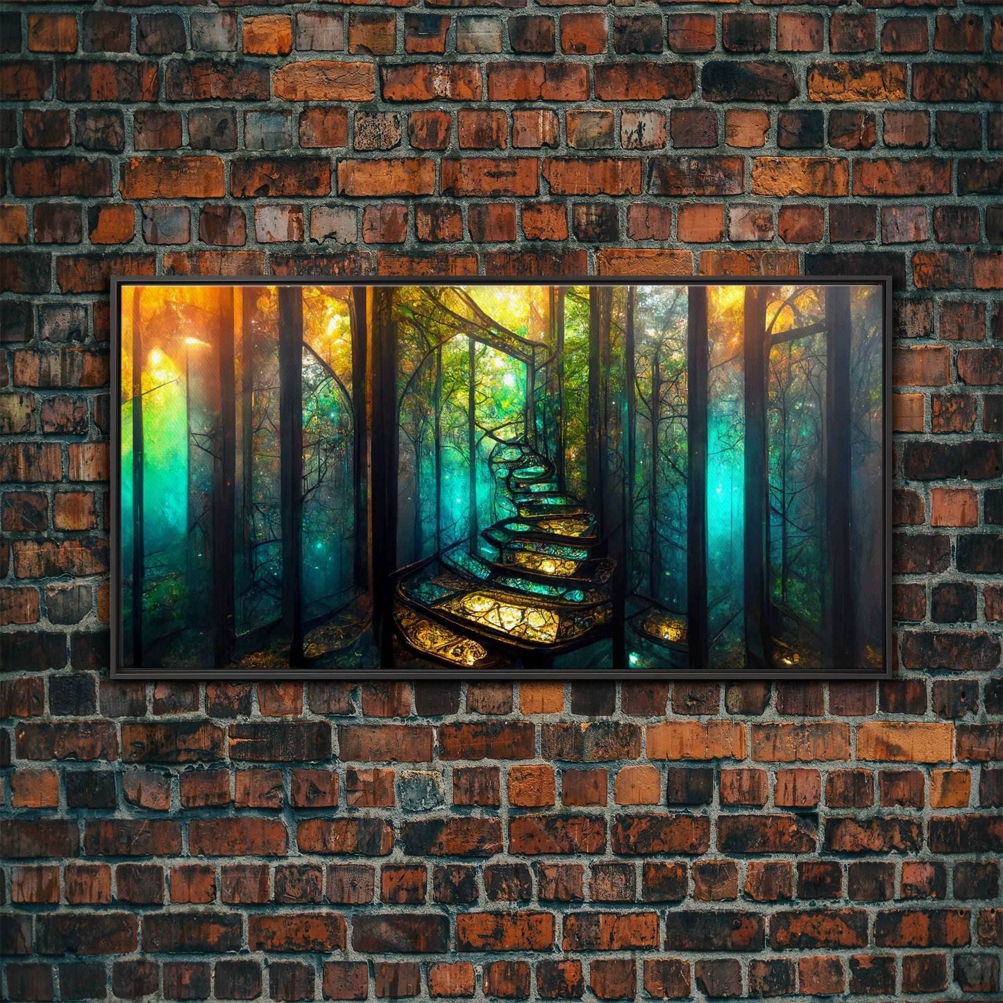 Fantasy wall art, canvas print, magical forest, fantasy landscape art, ready to hang wall art, bioluminescent glowing fantasy wall decor - 10x20 Inches / Black Frame