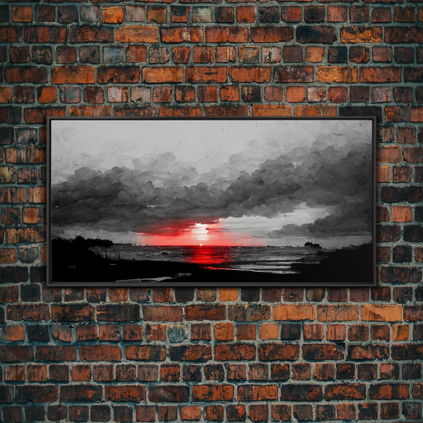 Creepy Blood moon canvas print, dark fantasy art, black and white art, Halloween, spooky art, horror landscape art - 10x20 Inches / Black Frame