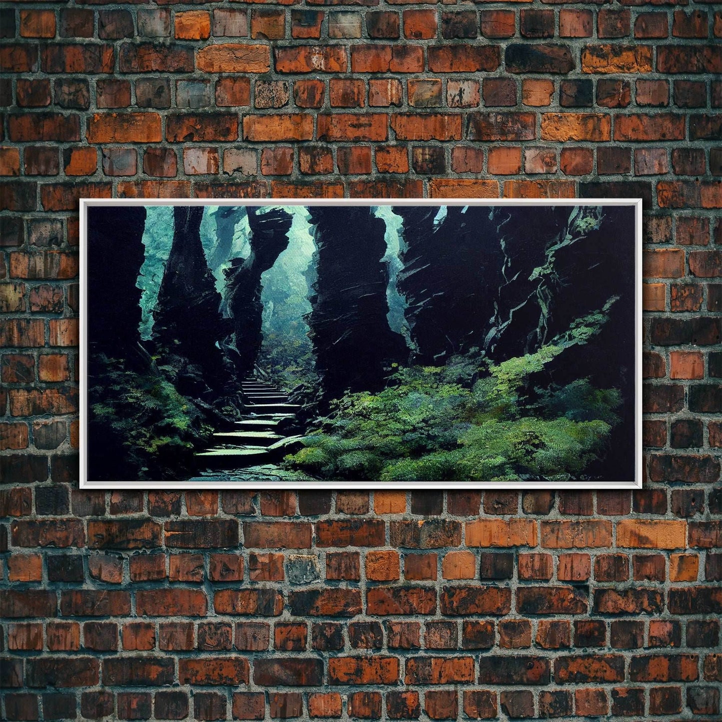 Fantasy Forest with Temple Steps, Wall Decor, Ready To Hang Framed Canvas Print, Oversize Wall Art - 10x20 Inches / White Frame