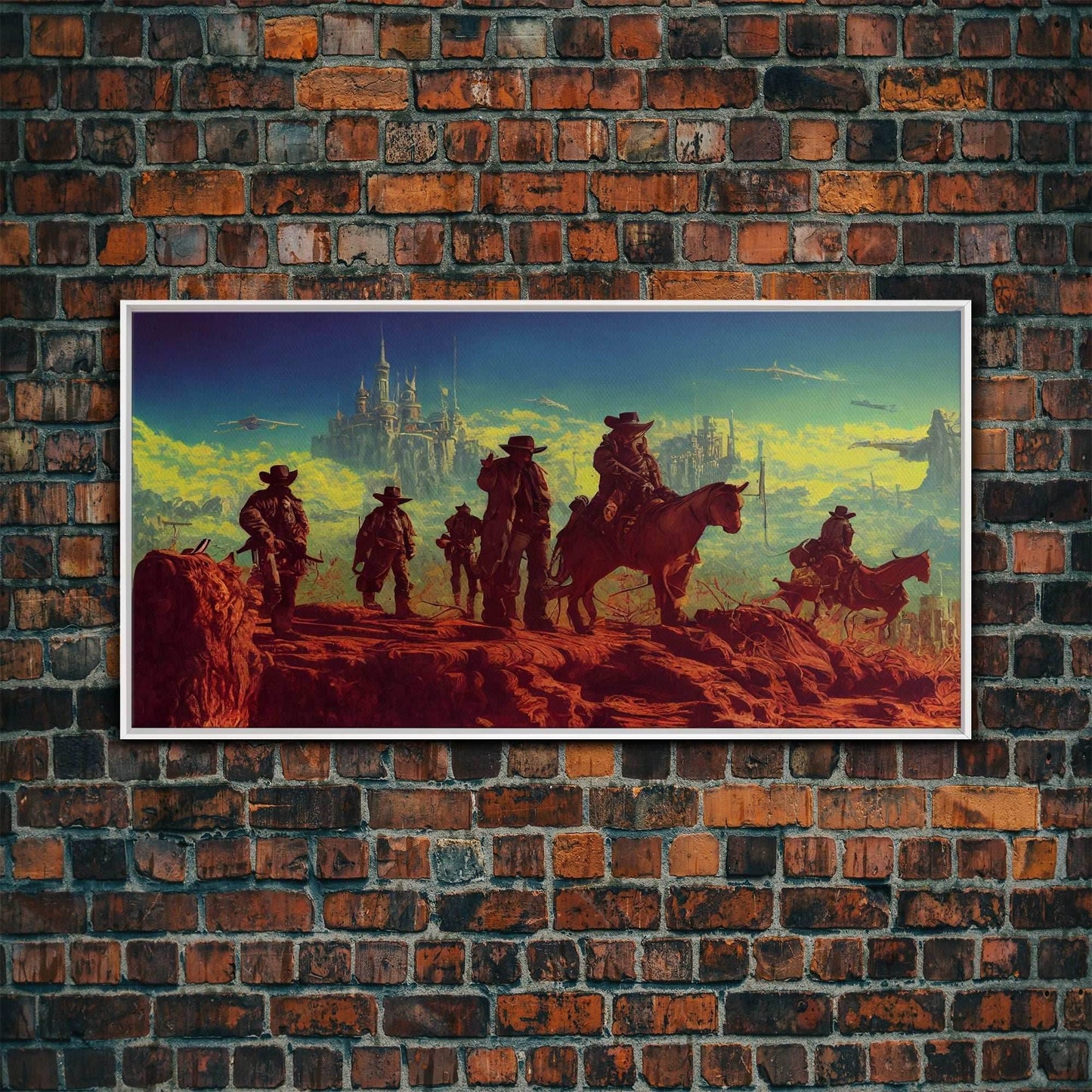 Space Cowboys, Wildwest Scifi Mashup Fantasy Art, framed canvas print, ready to hang framed wall art - 10x20 Inches / White Frame