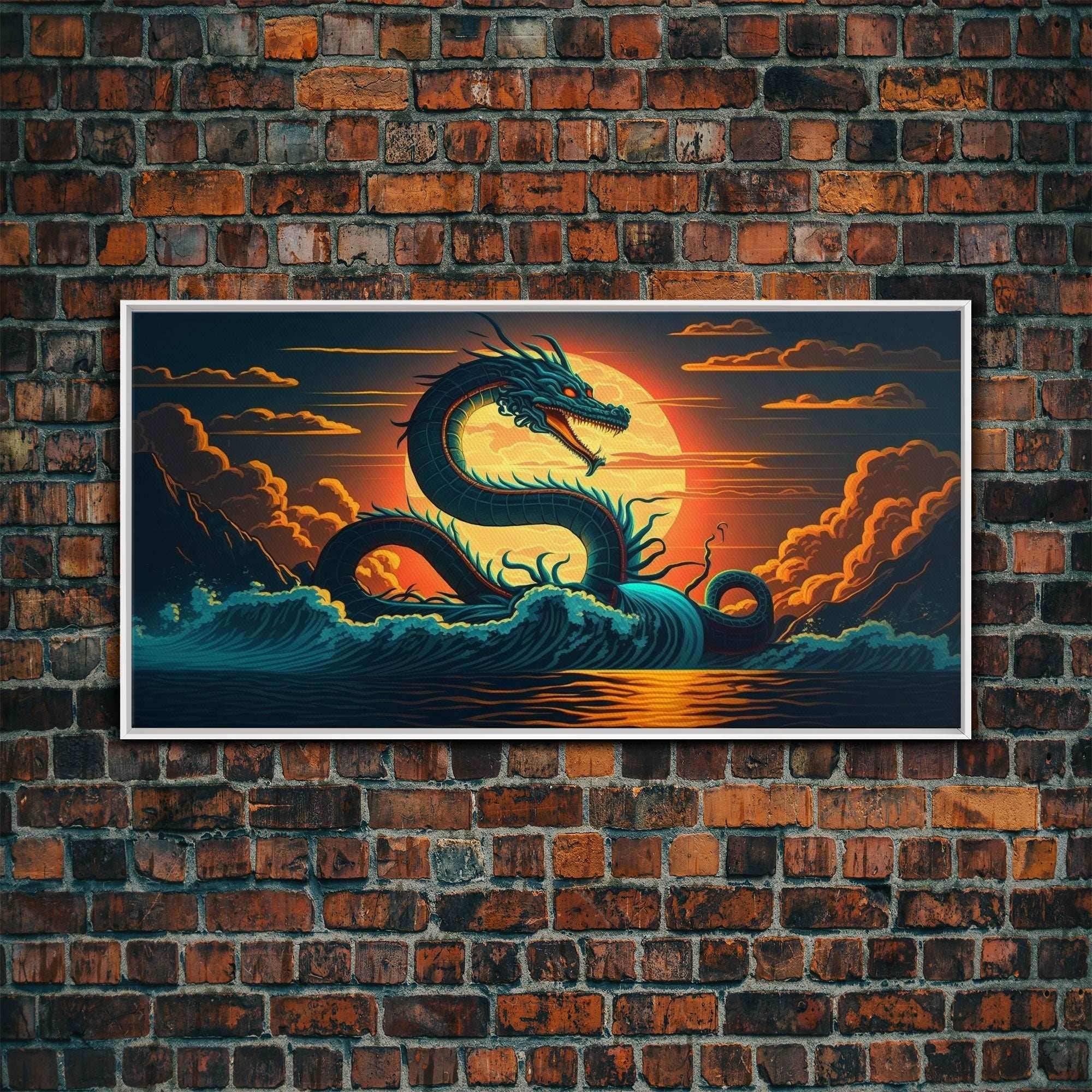 Jormungandr The Sea Serpent, Pop Art, Framed Canvas Print, Fantasy Art, Norse Mythology, Nordic / Viking Wall Art - 10x20 Inches / White Frame