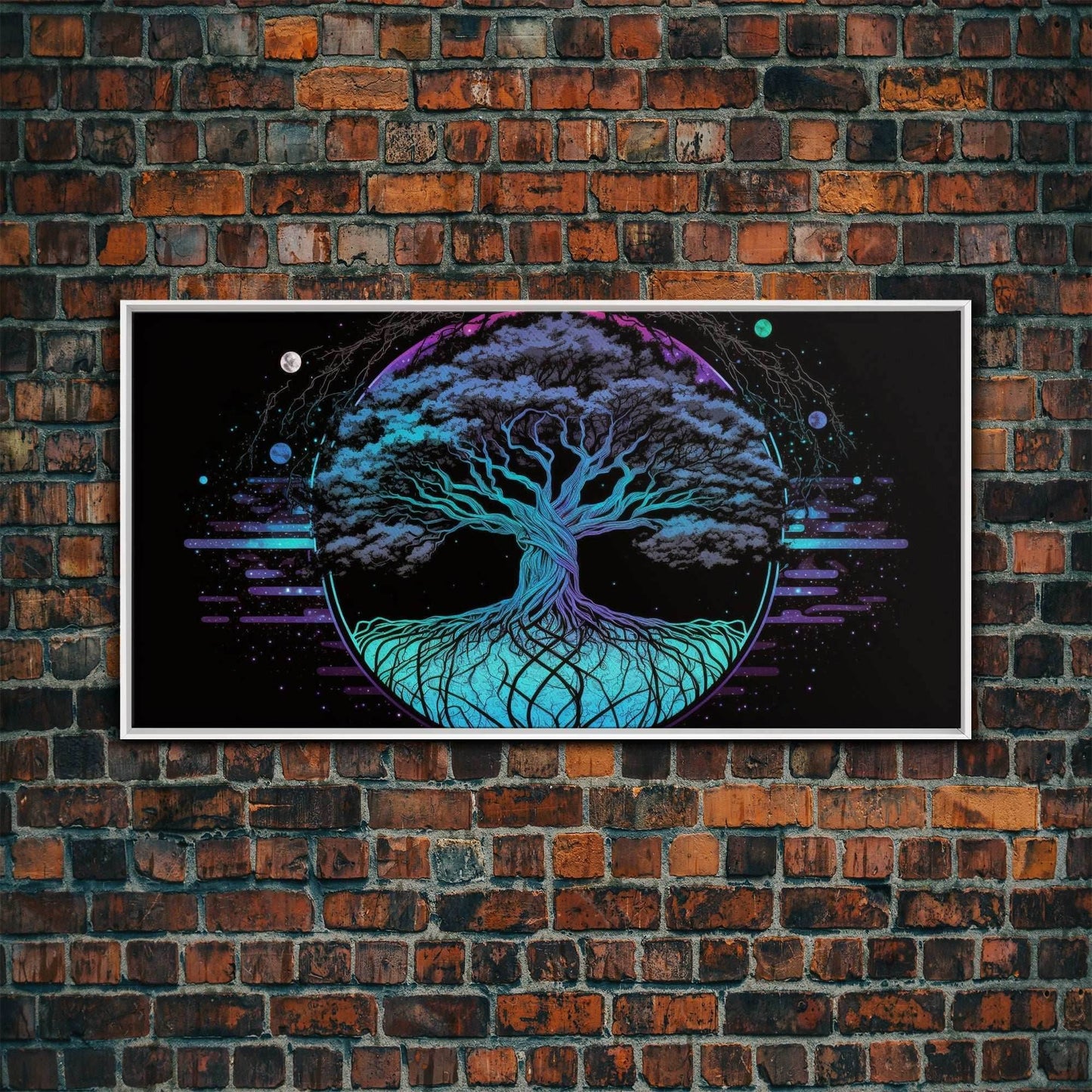 Norse Mythology Art, Synthwave Style Yggdrasil Tree of Life and the 9 Realms, Fantasy Art, Framed Canvas Print, Game Room Nordic Art - 10x20 Inches / White Frame