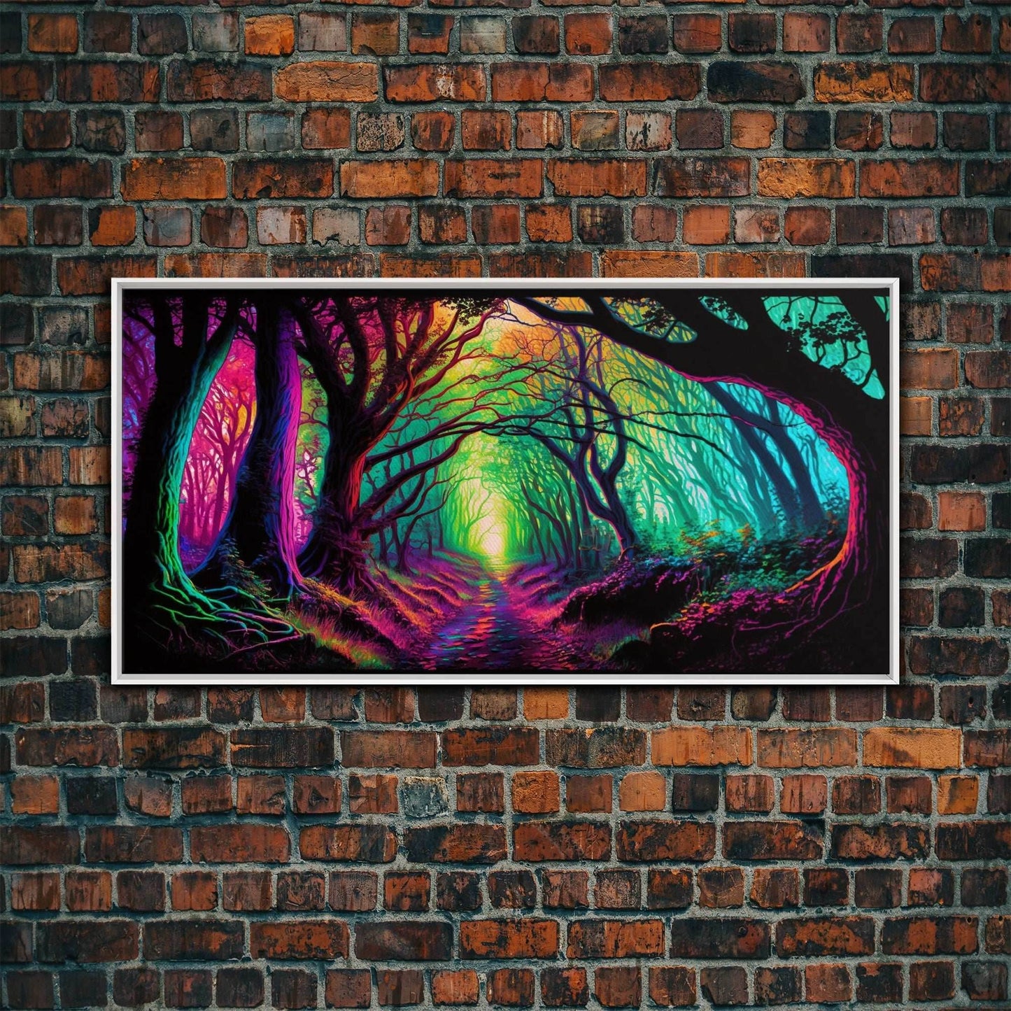 The Secret Grove, Fantasy Art, Pop Art Forest Landscape, Framed Canvas Print, Colorful Forest Painting, Living Room Art - 10x20 Inches / White Frame