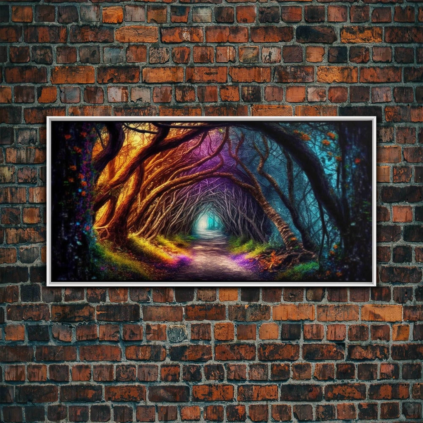 Secret Path, Fantasy Art, Pop Art Forest Landscape, Framed Canvas Print, Colorful Forest Painting, Living Room Art, Glowing Magical Forest - 10x20 Inches / White Frame