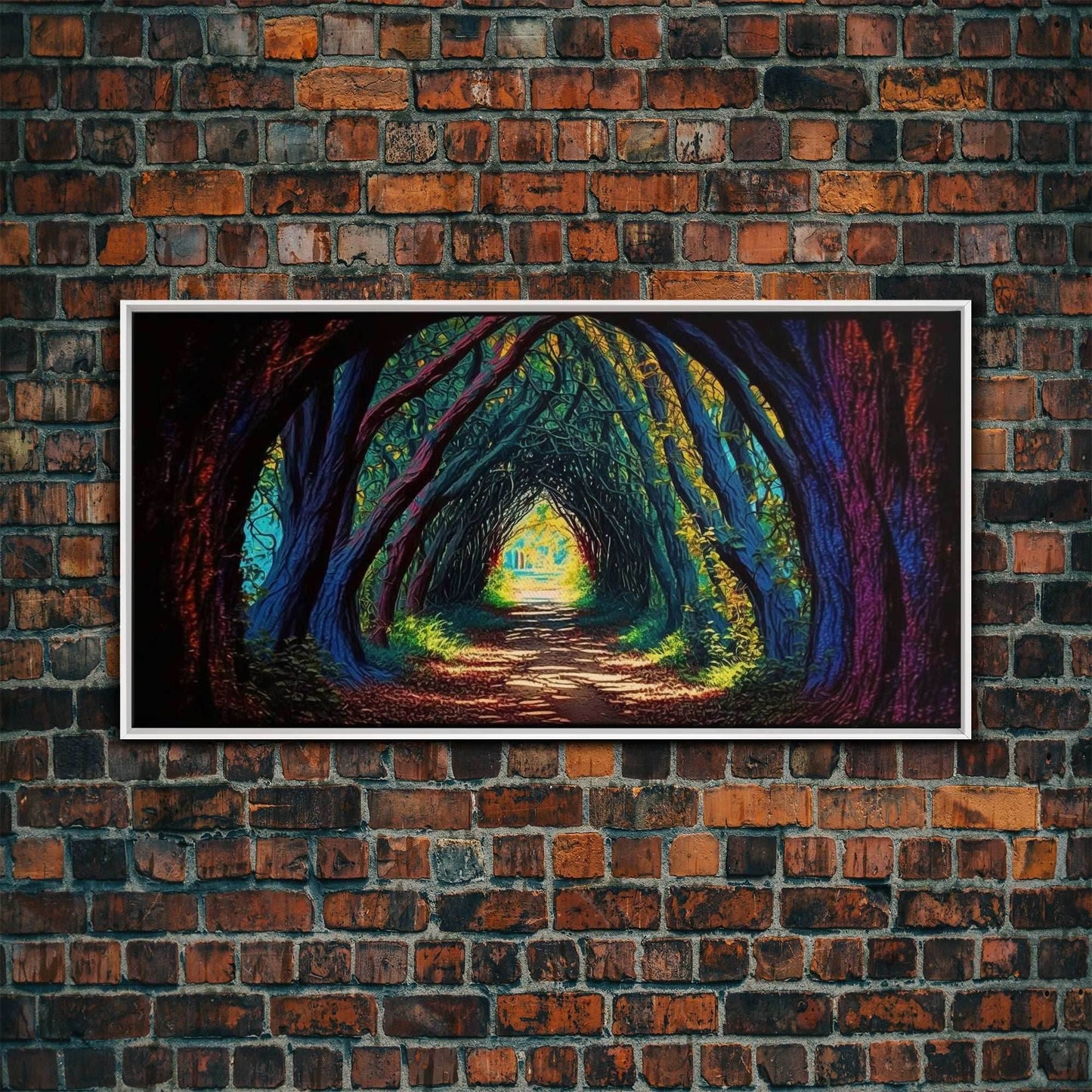 The Path through The Trees, Fantasy Art, Framed Canvas Print, RPG concept Art, Magical glowing forest - 10x20 Inches / White Frame
