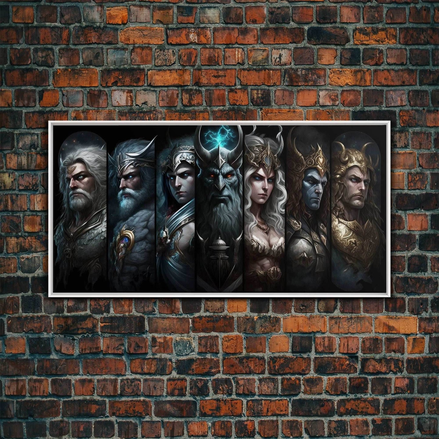 The Æsir, Aesir, Old Norse Gods, Framed Canvas Print, Norse Mythology, Scandinavian Mythology Fantasy Art - 10x20 Inches / White Frame