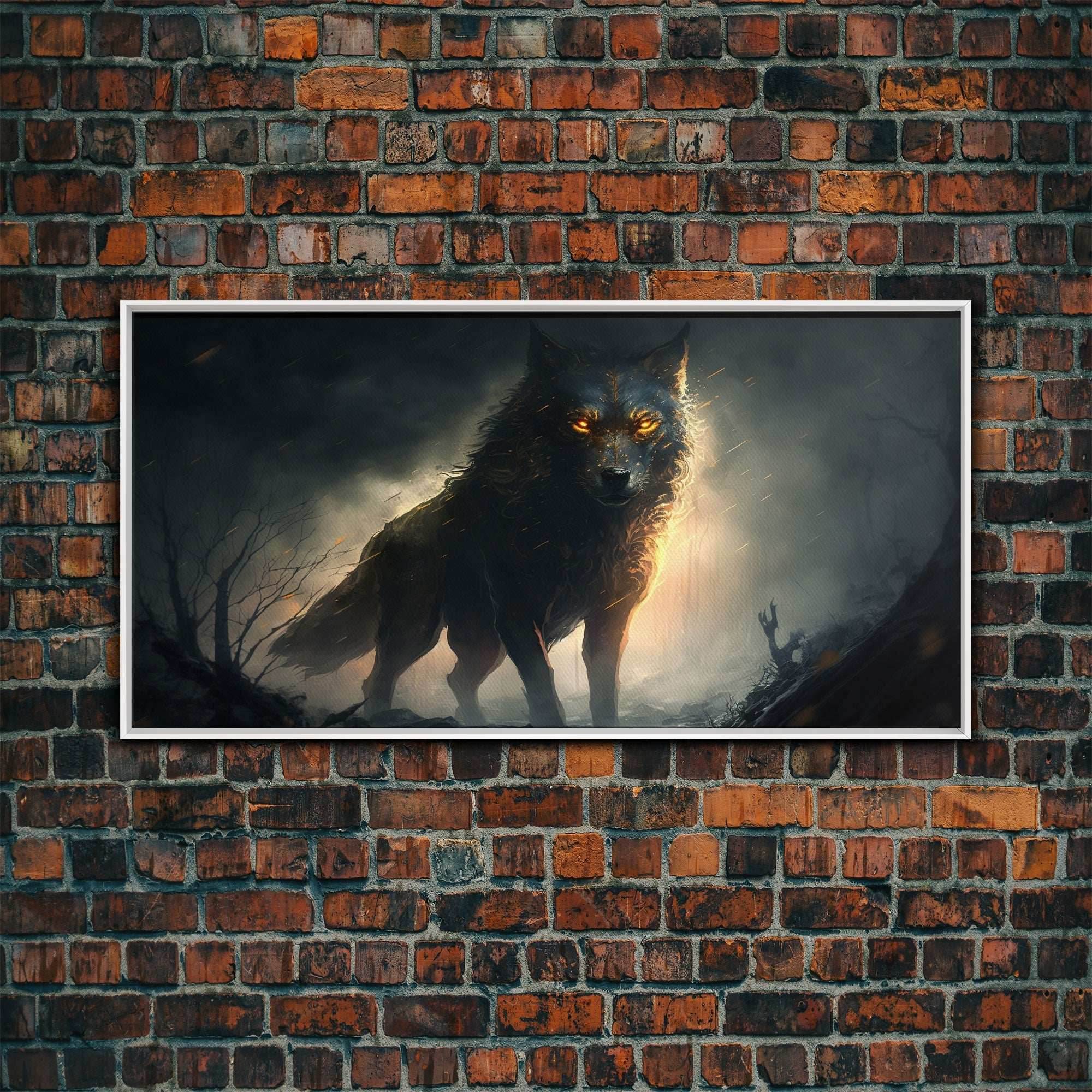 The Great Wolf Fenrir, Framed Canvas Print, Norse Mythology, Fantasy Art - 10x20 Inches / White Frame