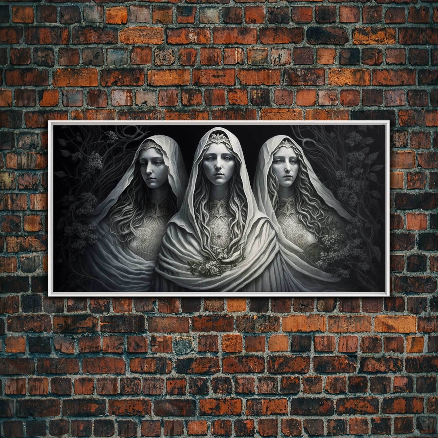 The Norns, Norse Mythology, Weavers of Fate, Framed Canvas Print, Urðr, Verðandi, and Skuld, Black and White Norse Fantasy Art - 10x20 Inches / White Frame