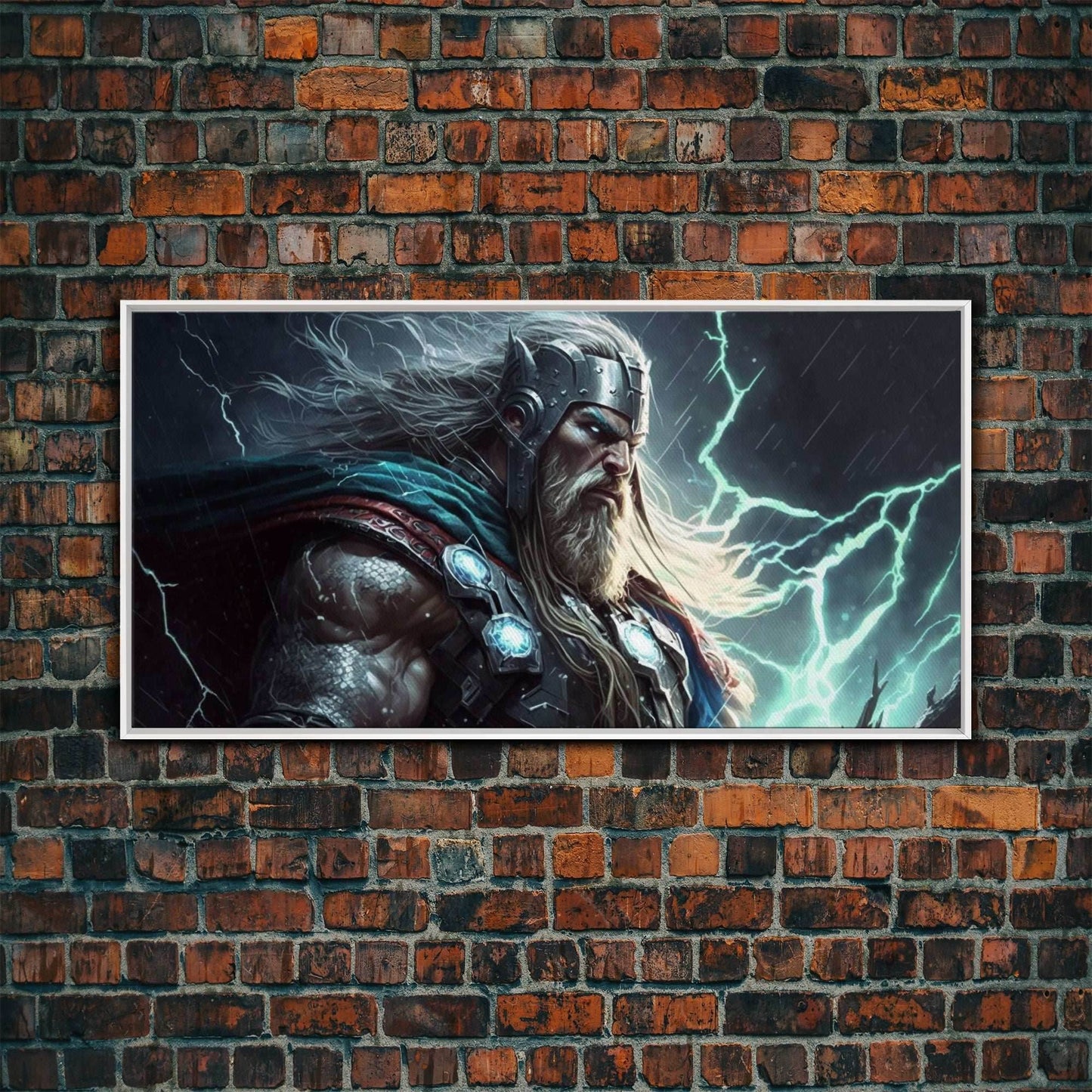 Thor God of Thunder, Framed Canvas Print, Norse Mythology Art, Fantasy Art - 10x20 Inches / White Frame