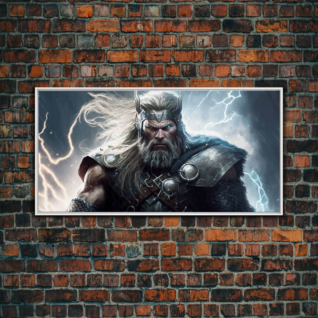 Thor Art, God of Thunder, Framed Canvas Print, Norse Mythology Art, Fantasy Art - 10x20 Inches / White Frame