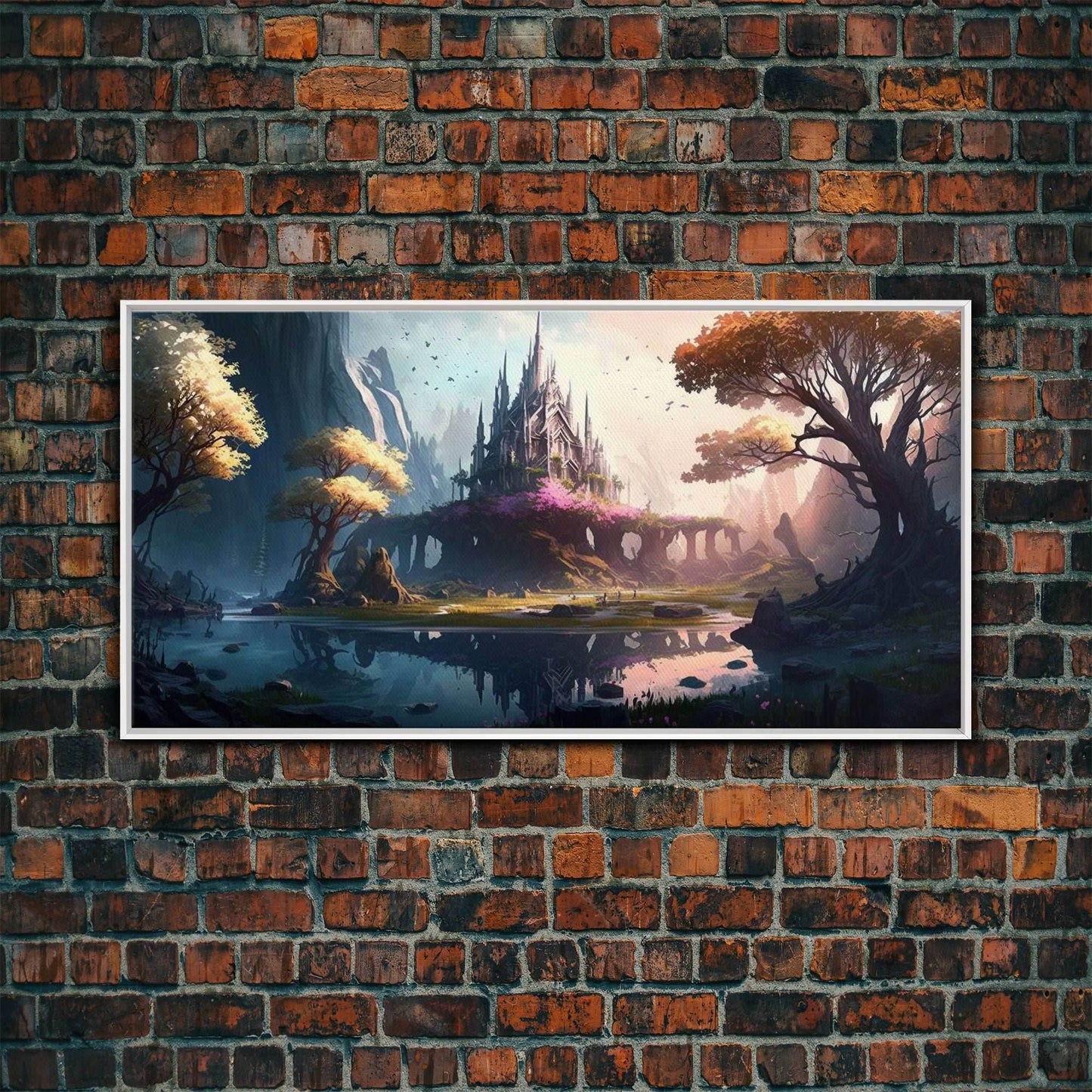 Norse Mythology Art, Alfheim Realm of the Light Elves, Framed Canvas Print, Fantasy Wall Art - 10x20 Inches / White Frame