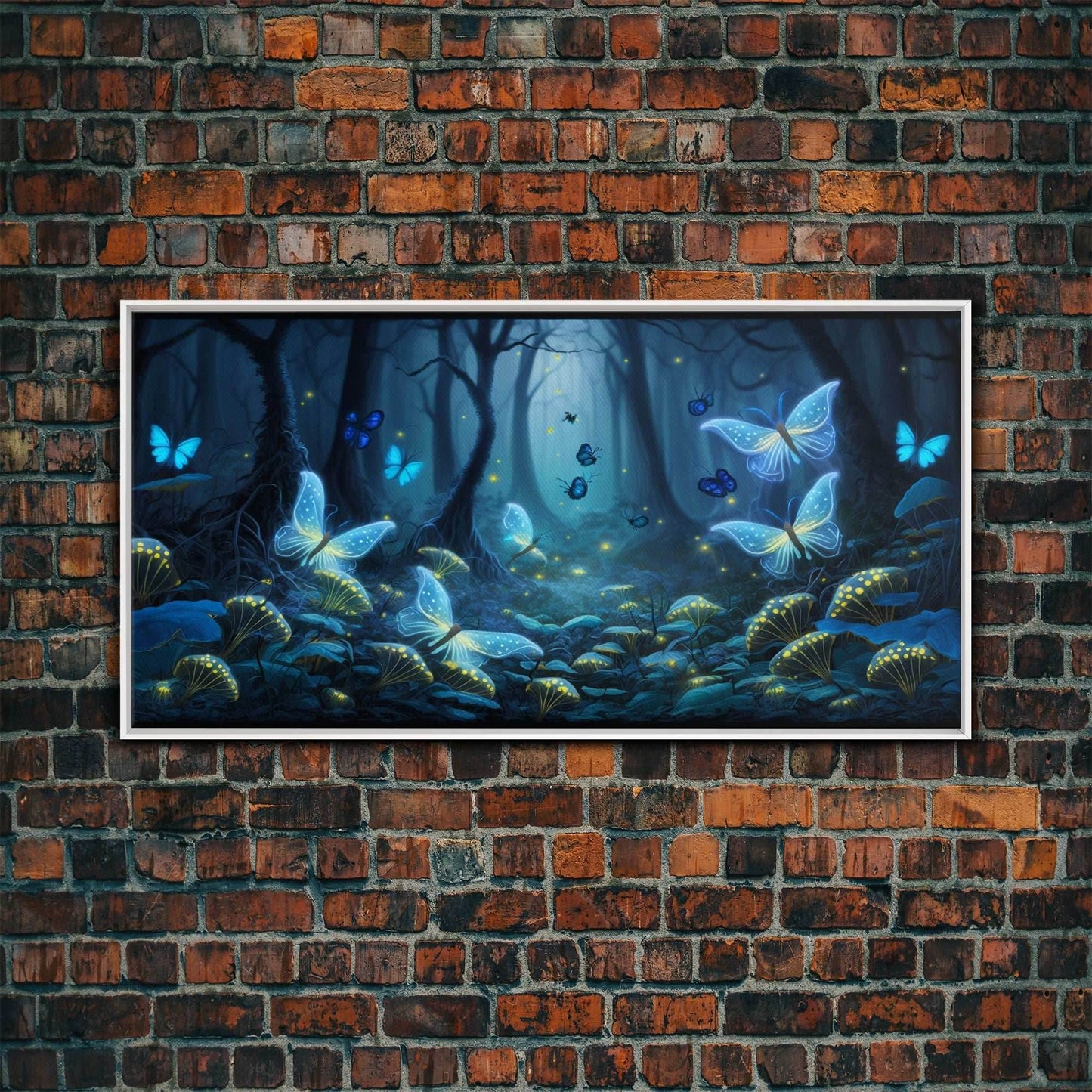 Magical Enchanted Fairy Forest, Fantasy Art, Framed Canvas Print, Bioluminescent Butterflies in an Enchanted Forest, Glowing Art - 10x20 Inches / White Frame