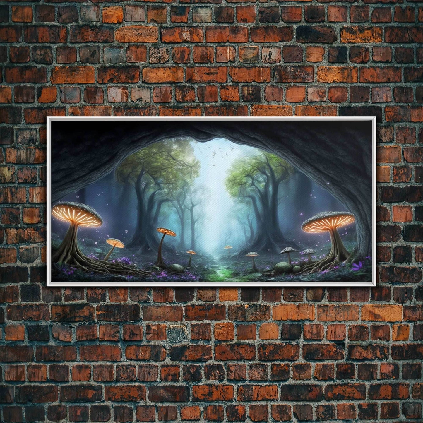 Magical Enchanted Mushroom Forest, Fantasy Art, Framed Canvas Print, Bioluminescent Butterflies in an Enchanted Forest, Glowing Art - 10x20 Inches / White Frame