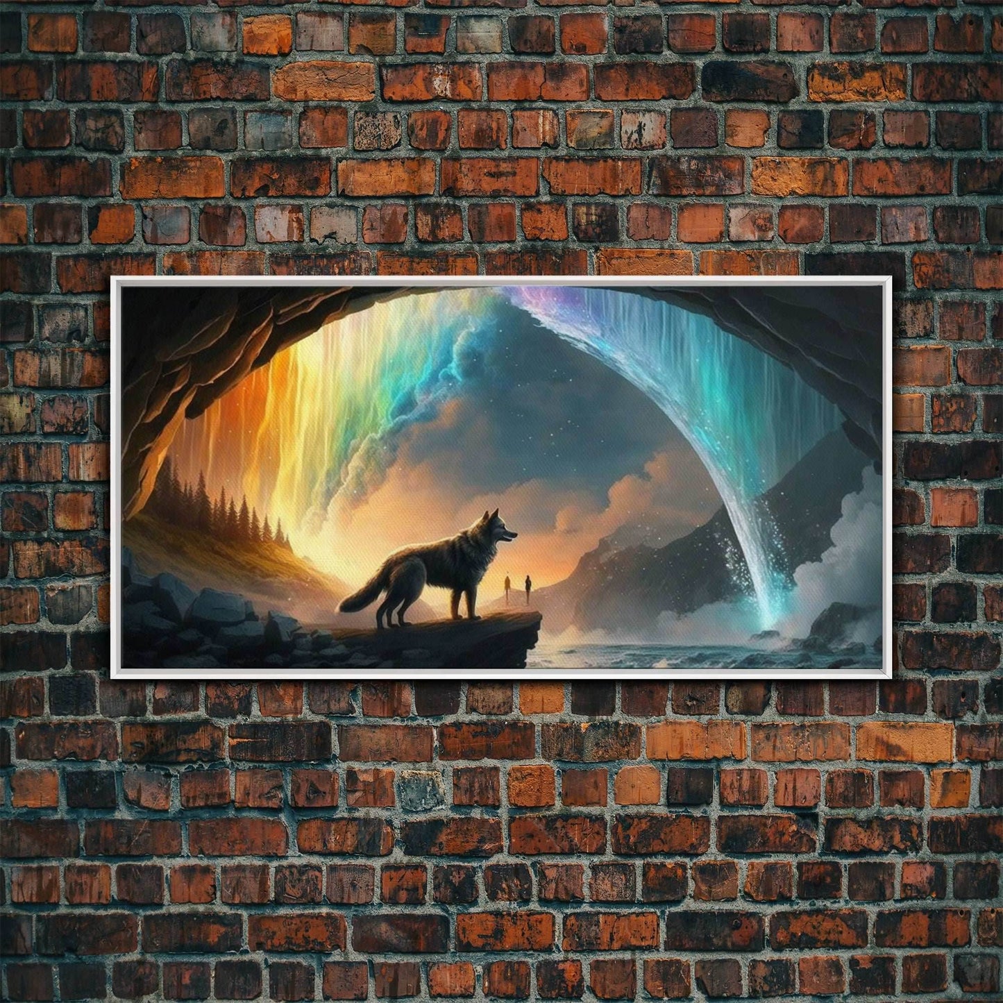 Fenrir, Mythological Wolf, With Bifrost. Norse Mythology Fantasy Art, Framed Canvas Print, Nordic Art - 10x20 Inches / White Frame