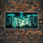 The Forest Floor, Framed Canvas Print, Glowing Mushrooms, Bioluminescent Mushroom Art, Color fantasy wall art - 10x20 Inches / White Frame