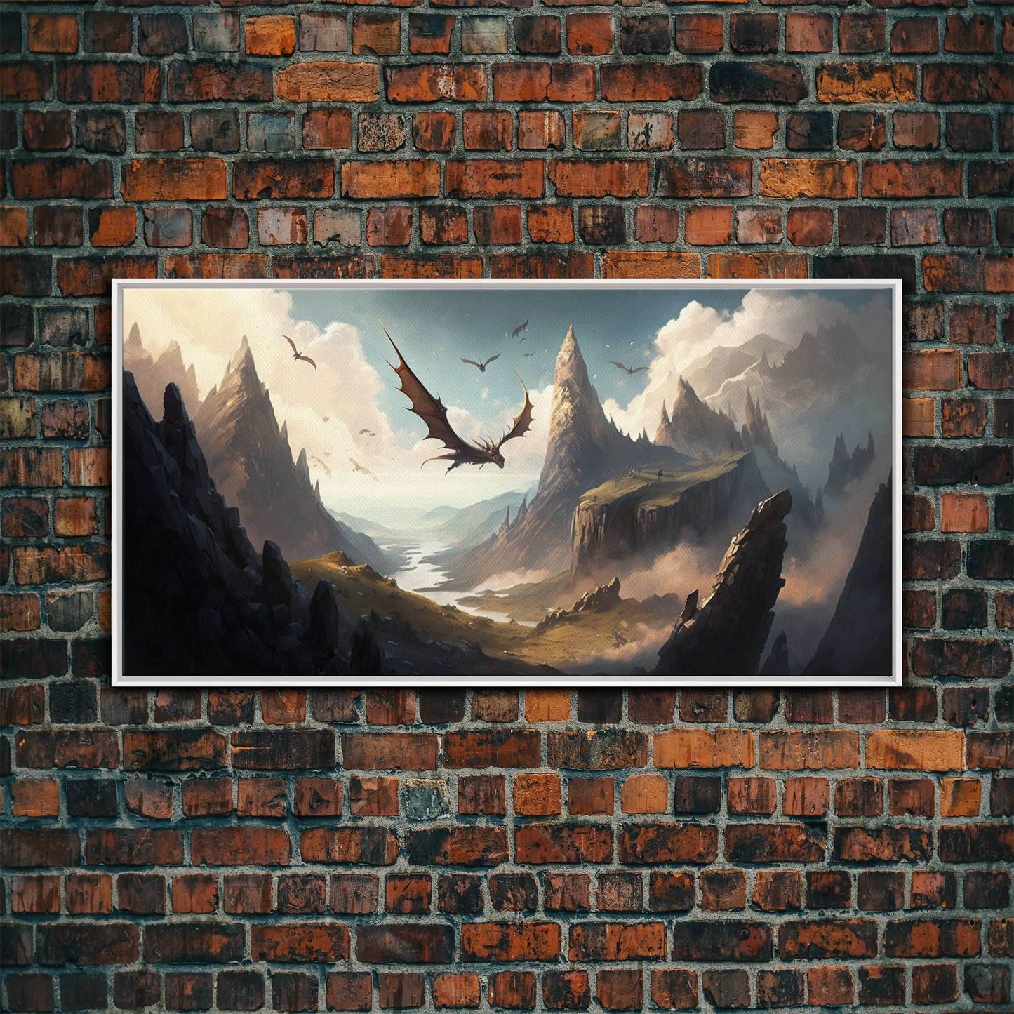 Dragons in Flight Over a Valley, Fantasy Art, Framed Canvas Print, Medieval Fantasy Art, Fire breathing dragons - 10x20 Inches / White Frame