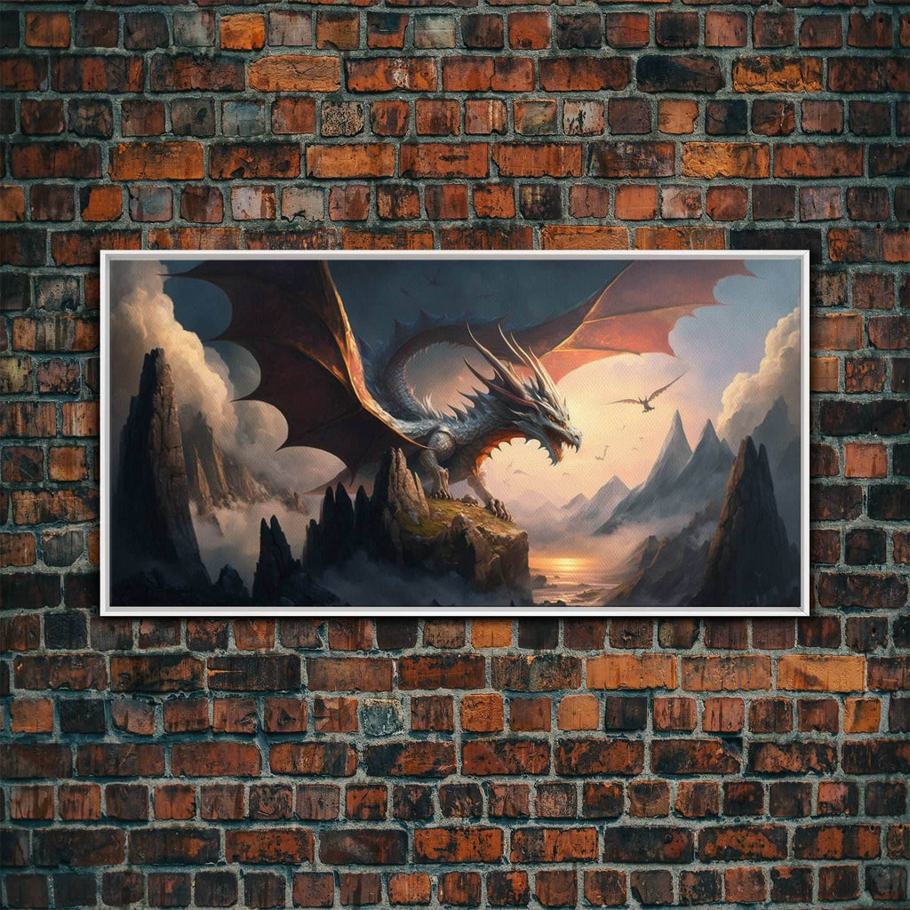 White Dragon on a Mountain Top, Fantasy Art, Framed Canvas Print, Medieval Fantasy Art, Fire breathing dragons - 10x20 Inches / White Frame