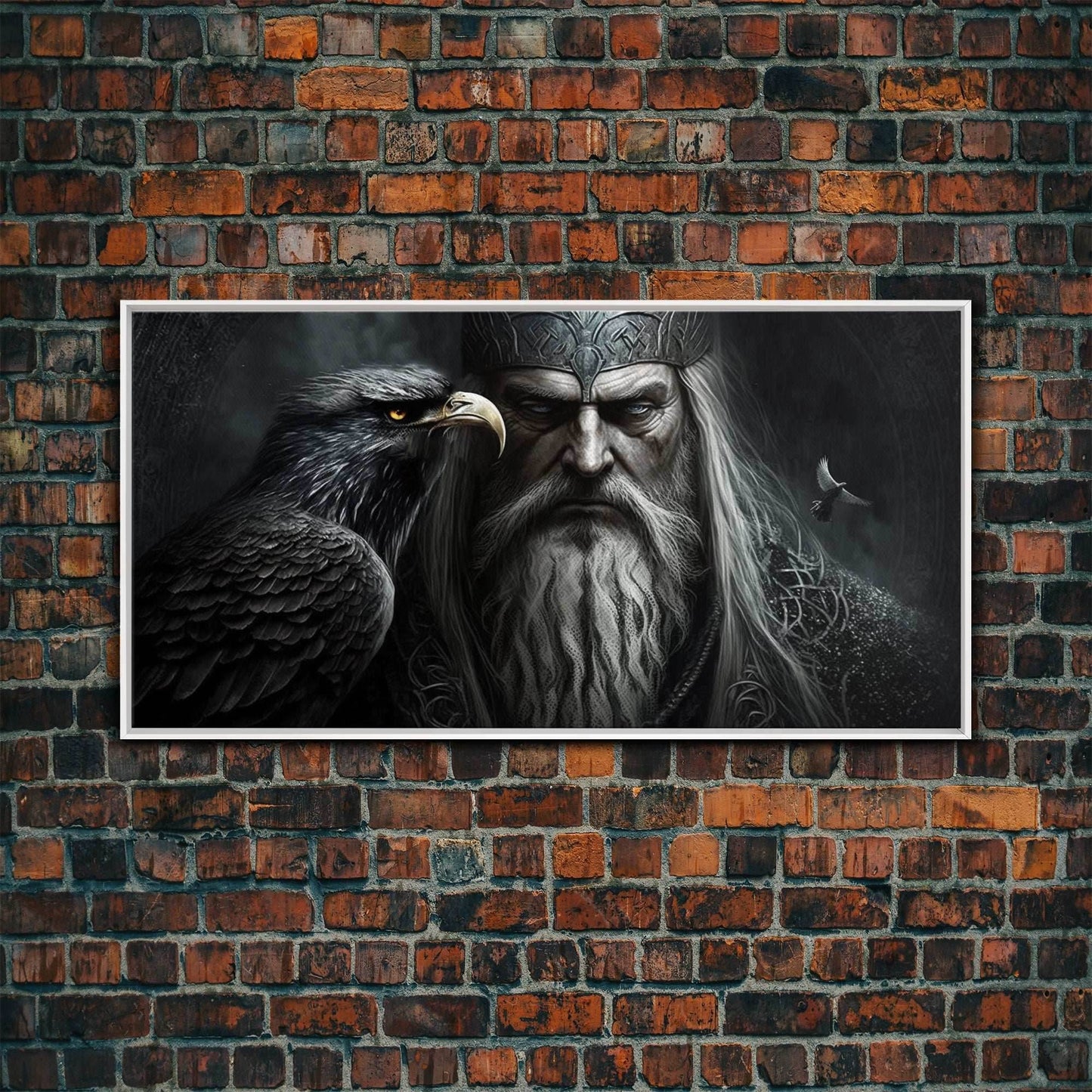 Portrait of Odin King of the Gods, Ruler of Asgard, Framed Canvas Print, Norse Mythology Pop Art, Fantasy Art - 10x20 Inches / White Frame