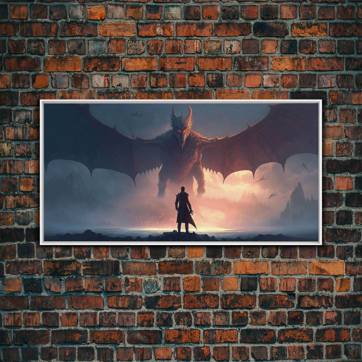 Warrior Facing Down a Dragon, Framed Canvas Print, Unique Fantasy Wall Art, In The Time of Dragons - 10x20 Inches / White Frame