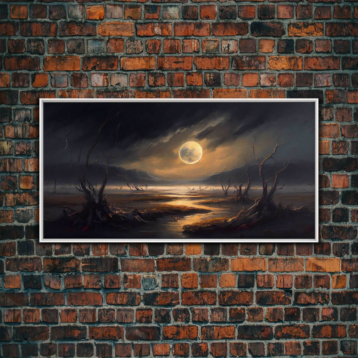 Midnight In The Swamp, Framed Canvas Print, Fantasy Art Canvas, Wall Art, Game Room Art, Full moon - 10x20 Inches / White Frame