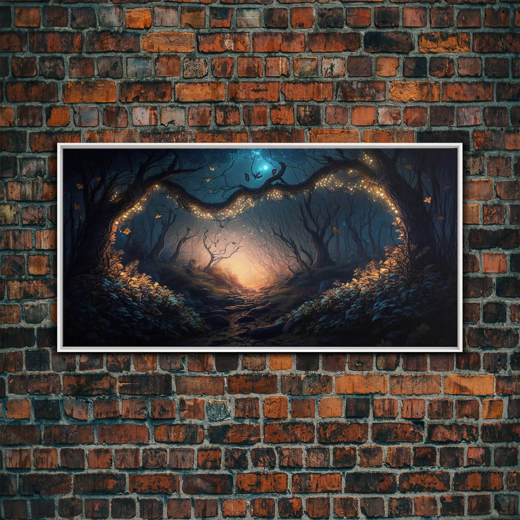 Wreath of Fireflies, Beautiful Fantasy Art, Framed Canvas Print, Moonlit Forest Floor Fantasy Concept Art - 10x20 Inches / White Frame