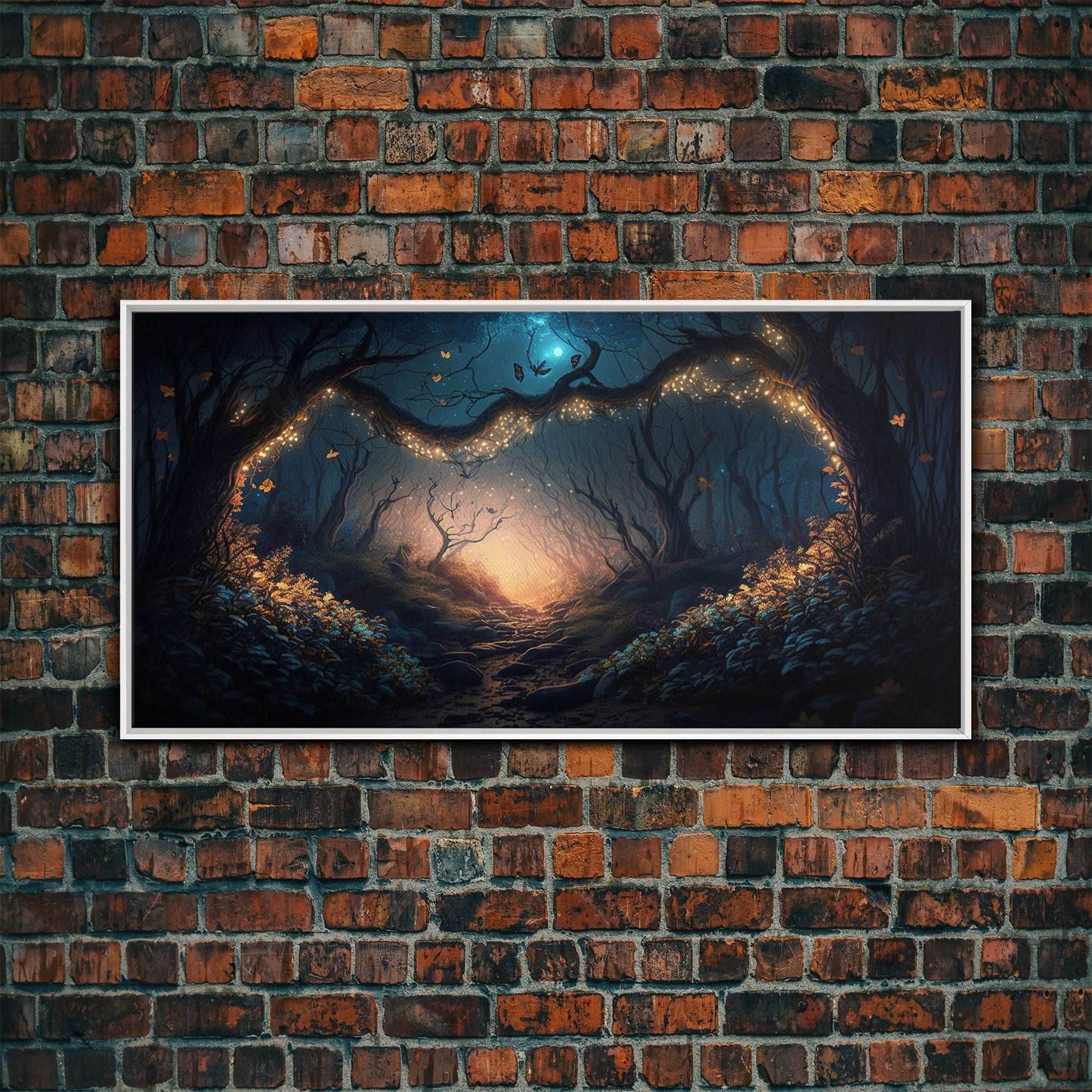 Wreath of Fireflies, Beautiful Fantasy Art, Framed Canvas Print, Moonlit Forest Floor Fantasy Concept Art - 10x20 Inches / White Frame