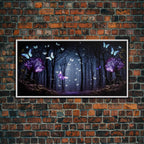 Glowing Butterflies, Framed Canvas Print, Fantasy Decor, High Fantasy Canvas Art, Fairy Forest - 10x20 Inches / White Frame
