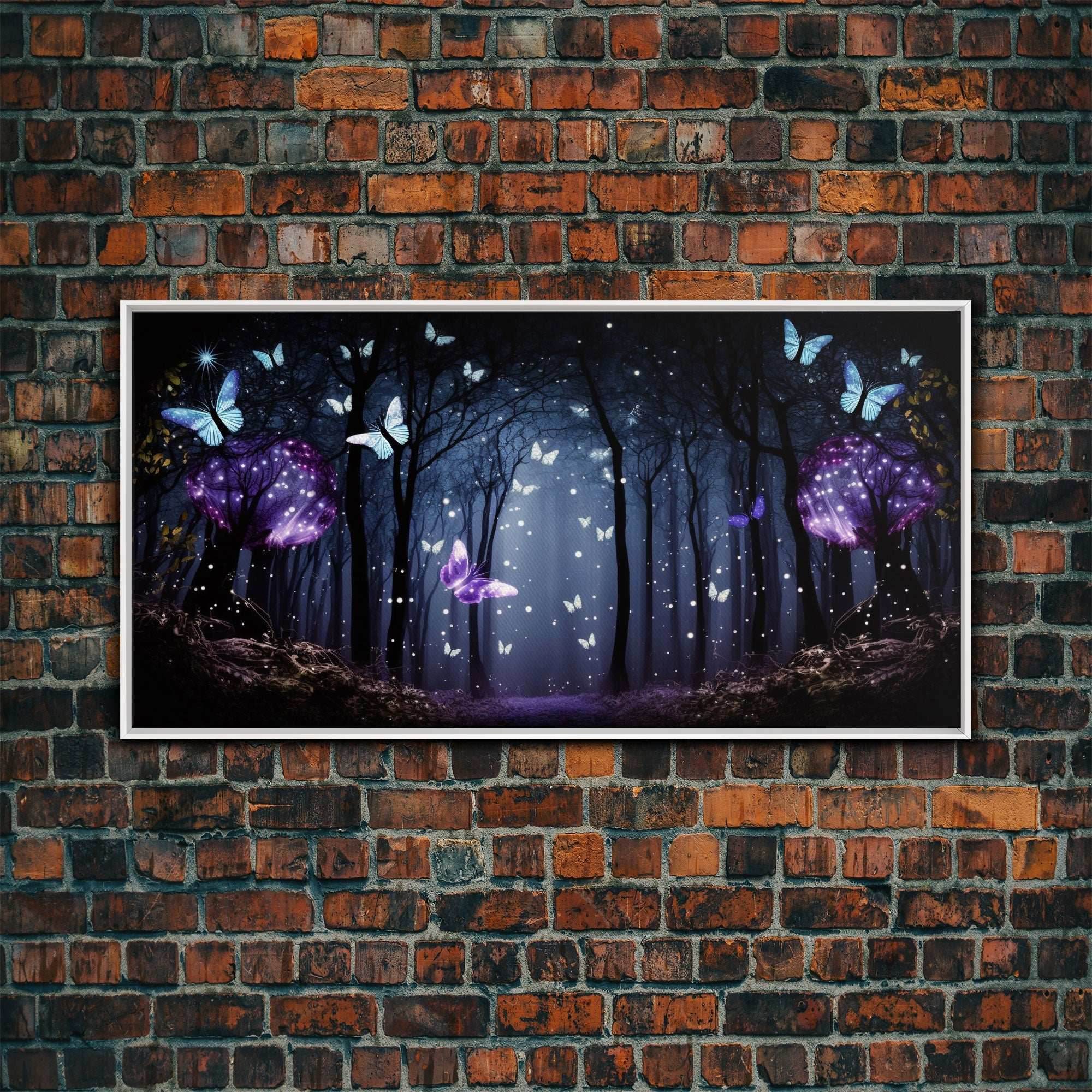 Glowing Butterflies, Framed Canvas Print, Fantasy Decor, High Fantasy Canvas Art, Fairy Forest - 10x20 Inches / White Frame