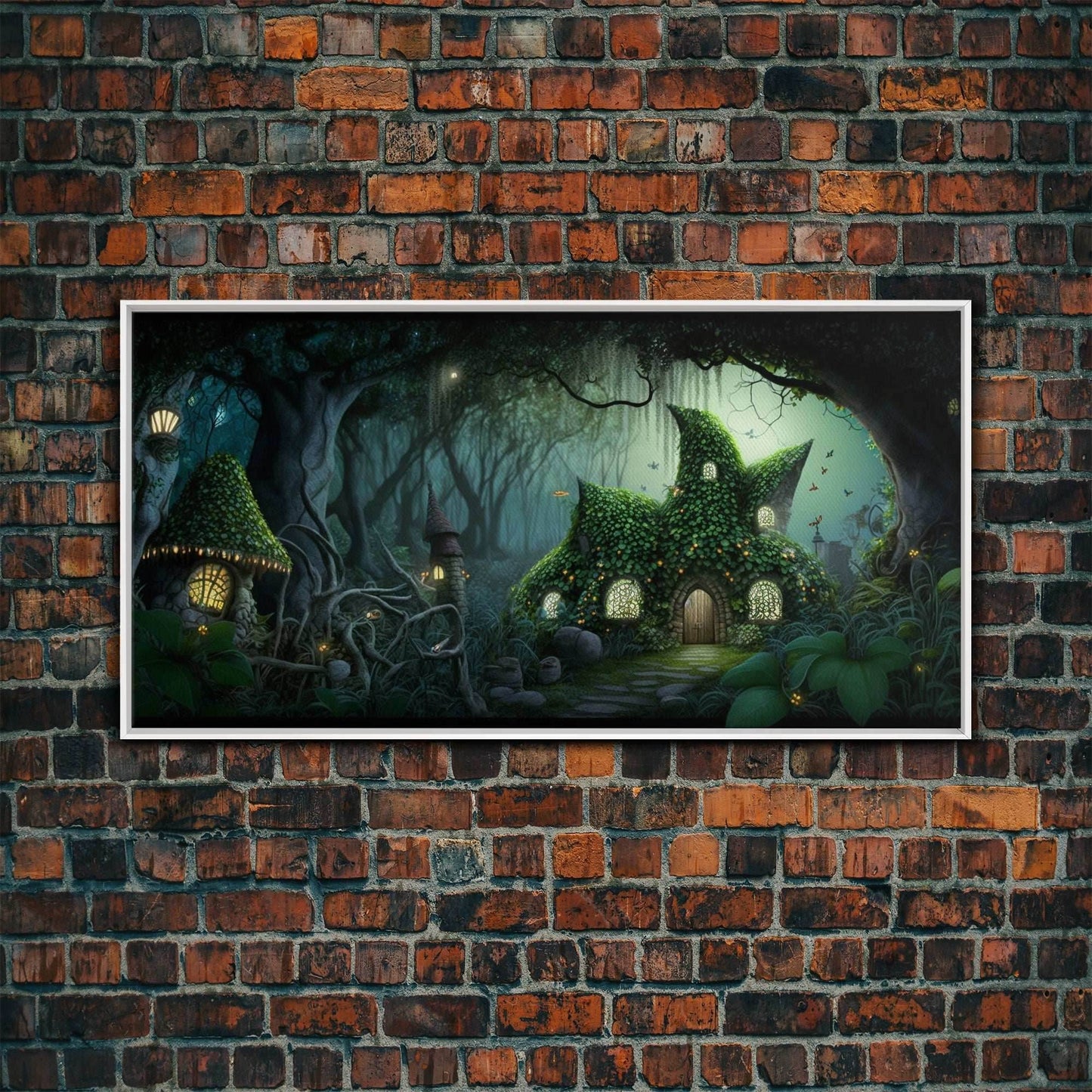 Gnome City, Wall Art, Fantasy Canvas Print, Framed Art, Tiny Gnome Houses On The Forest Floor - 10x20 Inches / White Frame