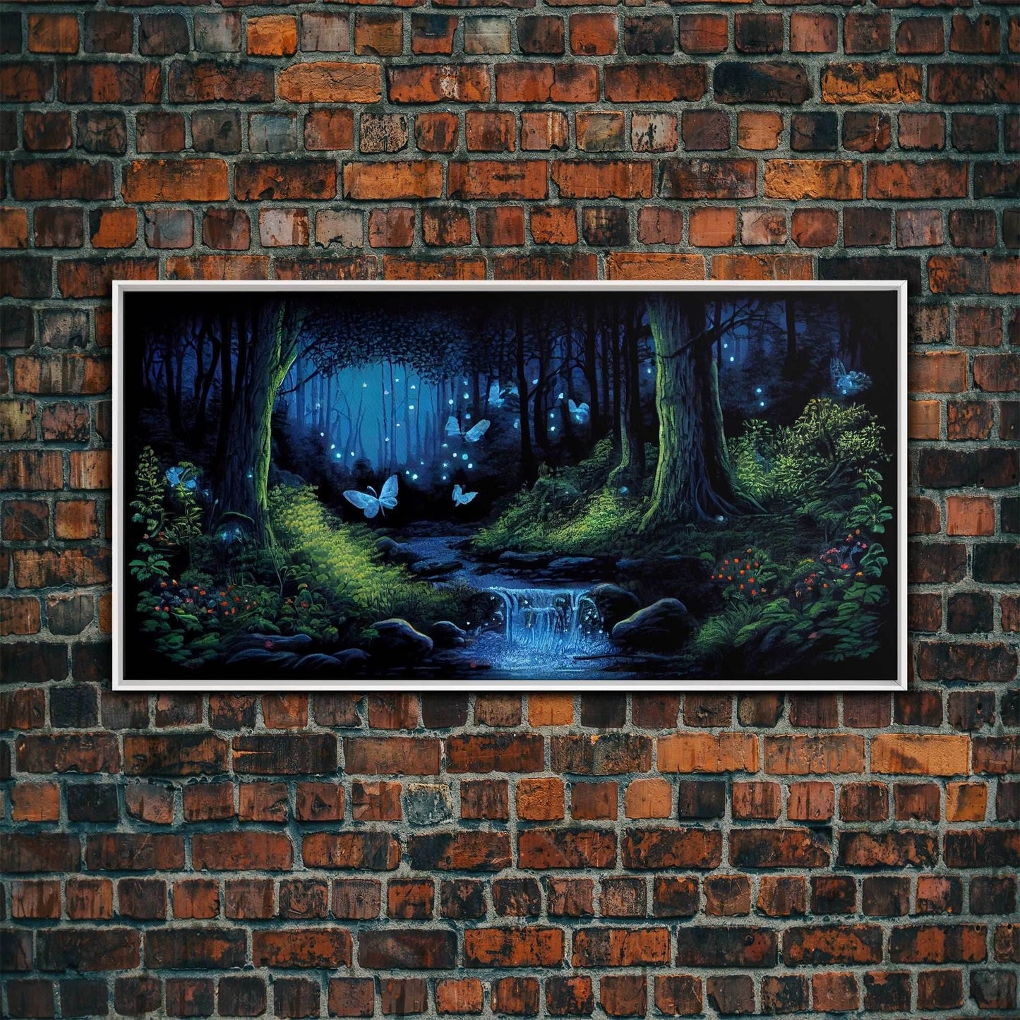 Enchanted Forest Painting, Fantasy Art, Fairy House, Fantasy, Woodland Decor, Woods, Forest, Fairy Forest with Blue Butterflies - 10x20 Inches / White Frame