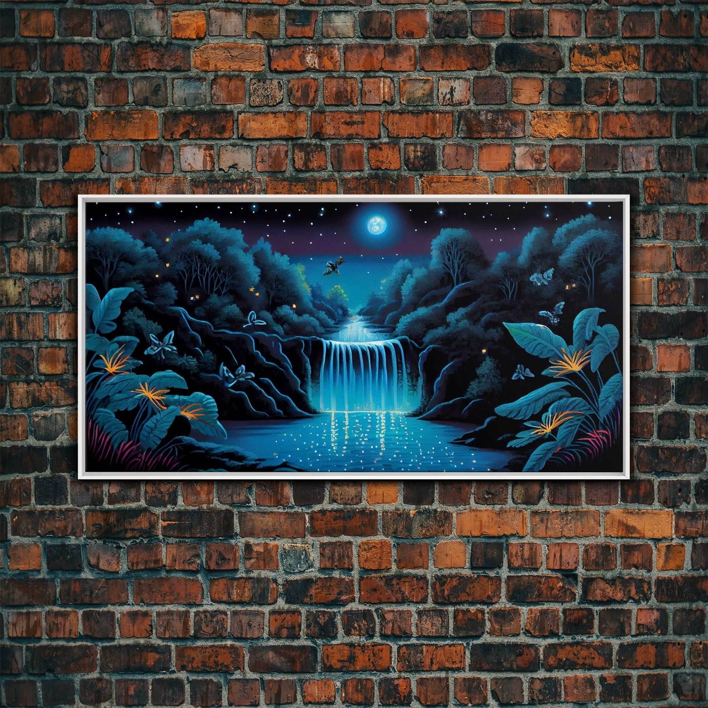 The Secret Waterfall, Enchanted Forest With Painting, Fantasy Art, Fairy House, Fantasy, Woodland Decor, Woods, Forest with Blue Butterflies - 10x20 Inches / White Frame