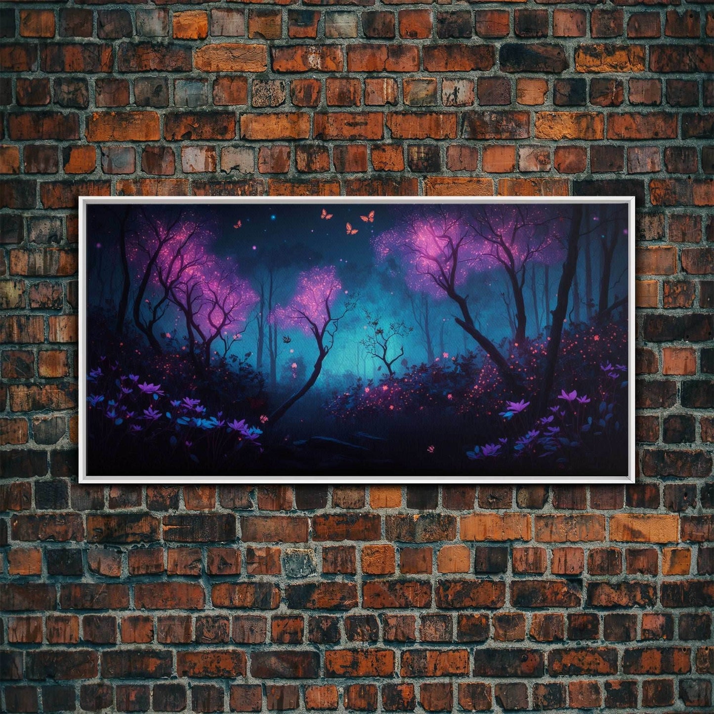 Beautiful forest canvas print Fantasy forest wall art Forest Painting, Framed Art, Glowing Butterflies - 10x20 Inches / White Frame