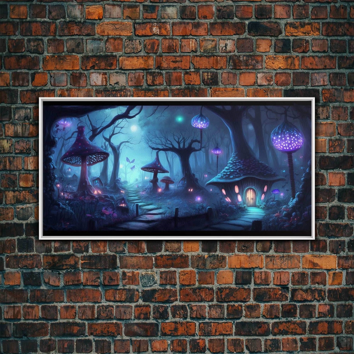 Magical Mushroom Fantasy Forest Wall Art, Framed Canvas Print, Game Room Art, Fantasy Decor - 10x20 Inches / White Frame
