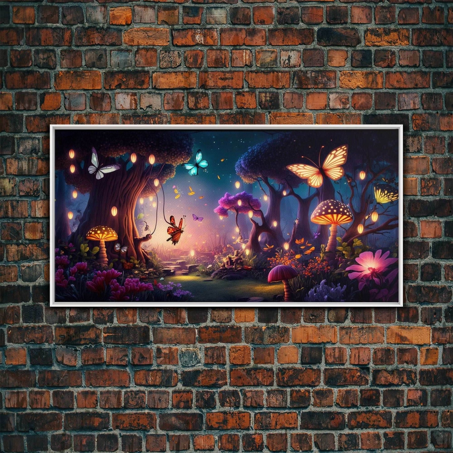 Vibrant Fantasy Forest Wall Art, The Forest Floor, Bioluminescent Glowing Butterflies, Gift, Framed Canvas Print - 10x20 Inches / White Frame