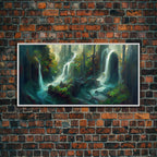 Waterfall wall art, canvas print, giclee, fantasy wall art, water color, nature wall decor, water landscape art, serenity art - 10x20 Inches / White Frame