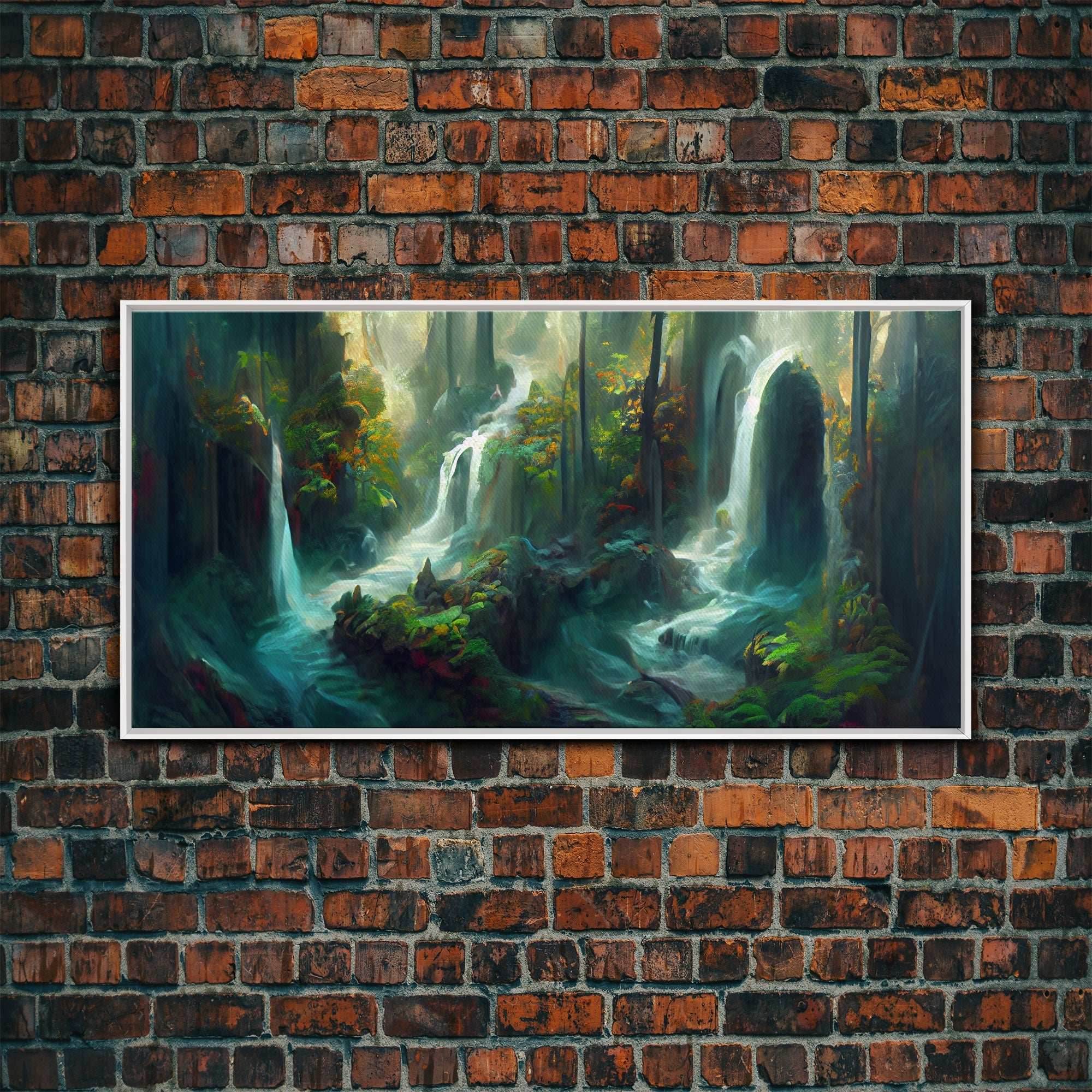 Waterfall wall art, canvas print, giclee, fantasy wall art, water color, nature wall decor, water landscape art, serenity art - 10x20 Inches / White Frame