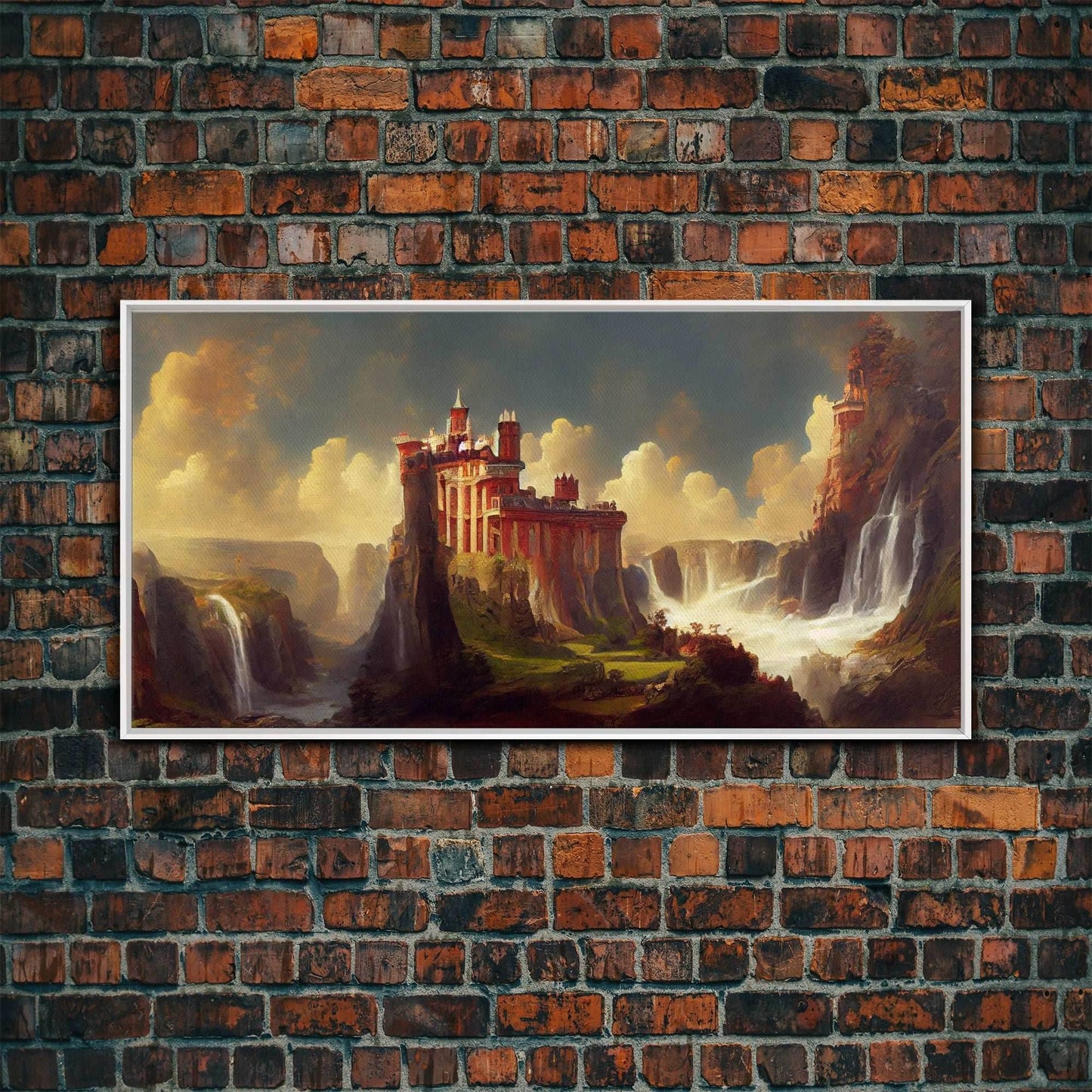 Fantasy wall art, canvas print, castle in the sky, castle atop mountains and waterfalls, watercolor - 10x20 Inches / White Frame