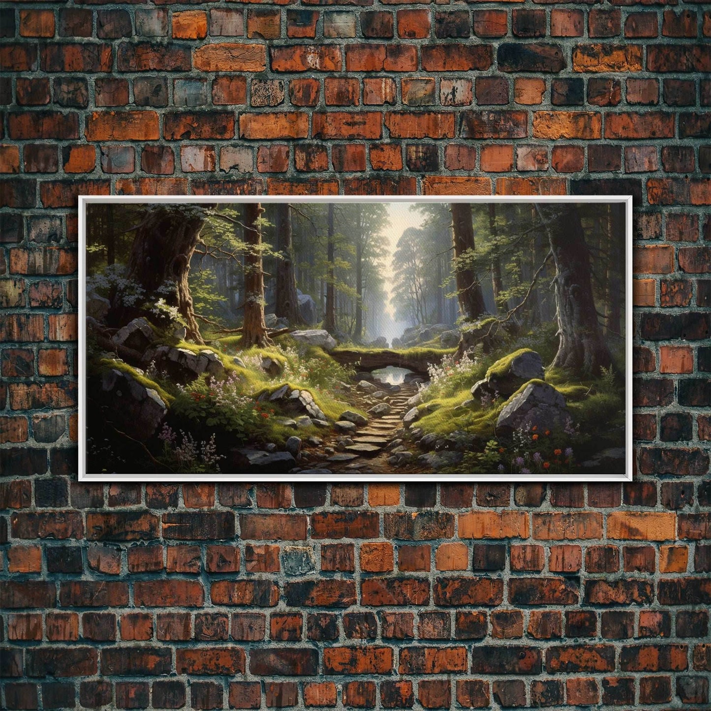 SlightlyScorched Framed Canvas Print Emerald Green Fantasy Forest, Mountain Forest Lake Landscape Minimalist Modern Art Nature Wall Decor - 10x20 Inches / White Frame