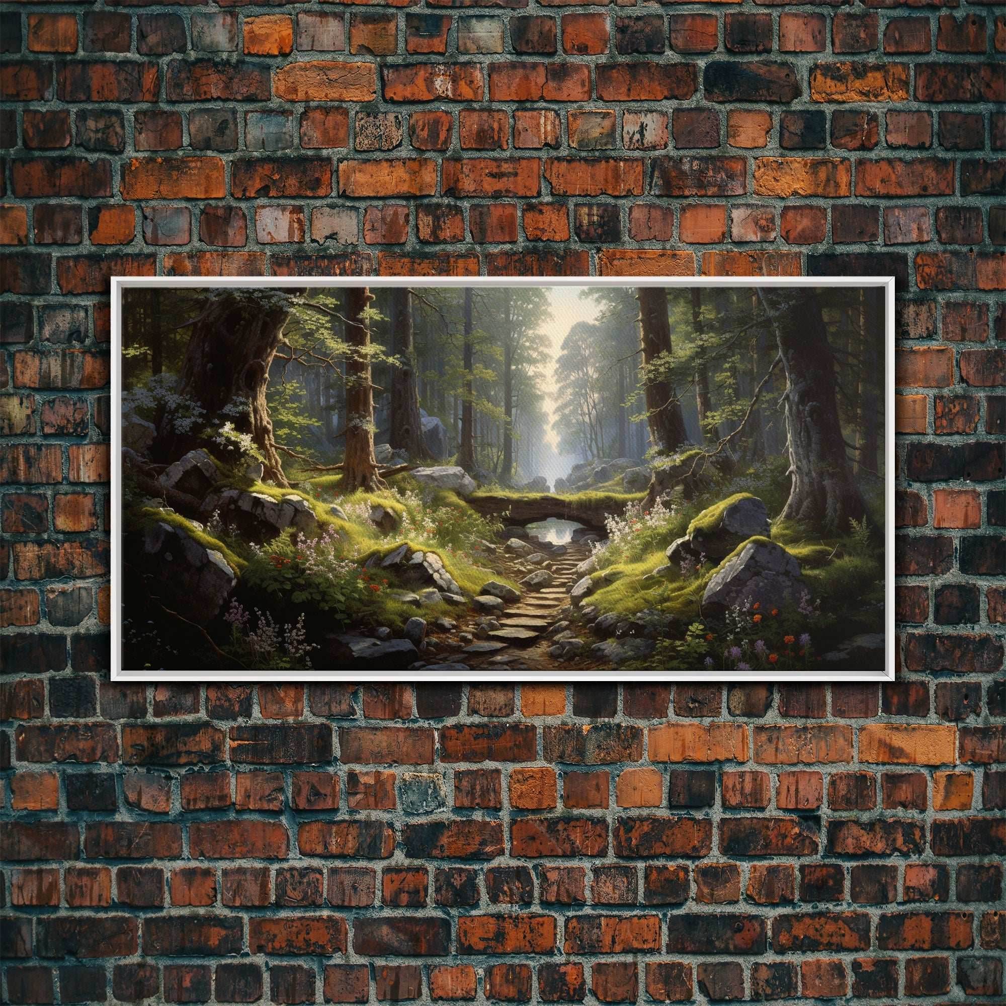 SlightlyScorched Framed Canvas Print Emerald Green Fantasy Forest, Mountain Forest Lake Landscape Minimalist Modern Art Nature Wall Decor - 10x20 Inches / White Frame