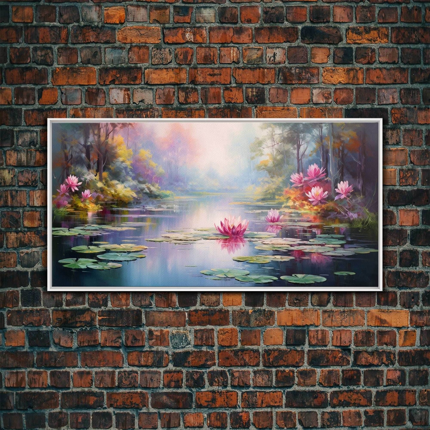 Pond Art, Lake Wall Print, Fantasy Wall Art, Water Lilies Wall Art, Panoramic Art, Wall Art, Canvas Art, Landscape Art, Friendship Gift - 10x20 Inches / White Frame