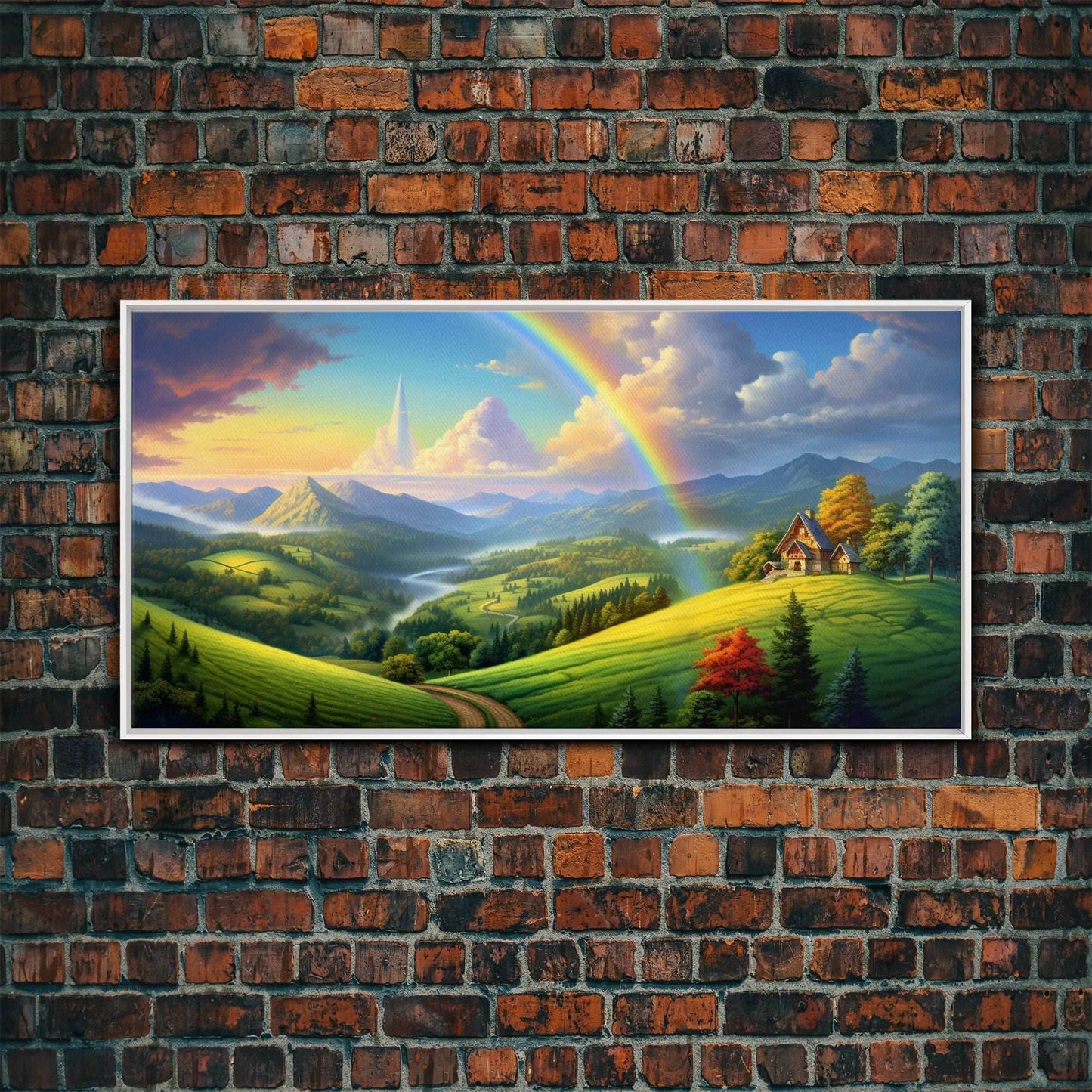 Rainbow Wall Decor, Fantasy Art, Mountains Wall Art, Panoramic Art, Wall Art, Canvas Art, Landscape Art, Appreciation Gift, College Dorm Art - 10x20 Inches / White Frame