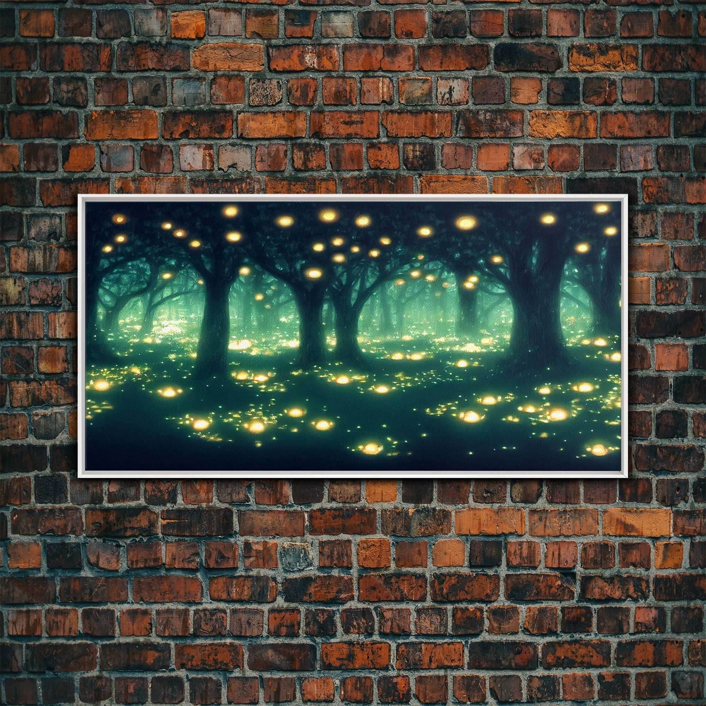 Fireflies At Night In A Fantasy Forest, Framed Ready To Hang Canvas Print, beautiful wall art, guest room decor - 10x20 Inches / White Frame