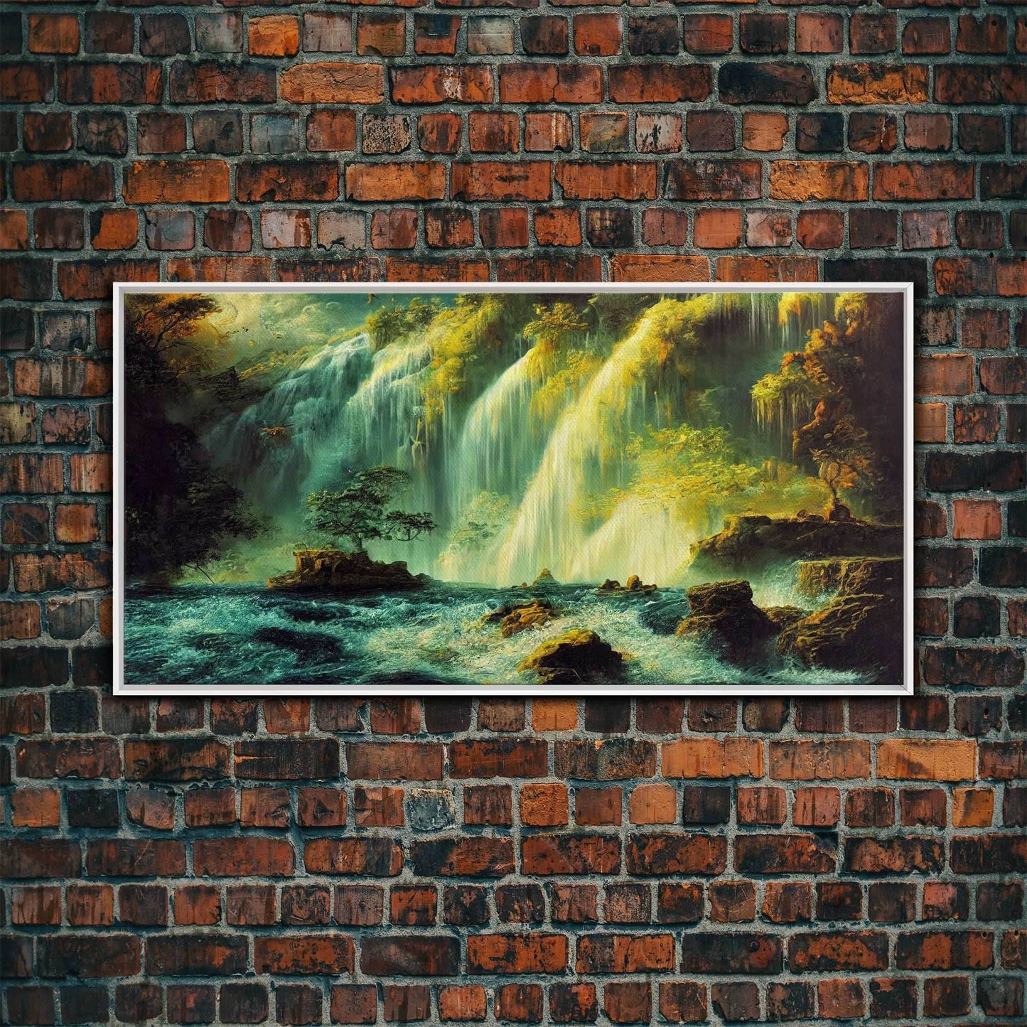 High Fantasy Wall Art, Secret Waterfall, ready to hang canvas print, framed art - 10x20 Inches / White Frame