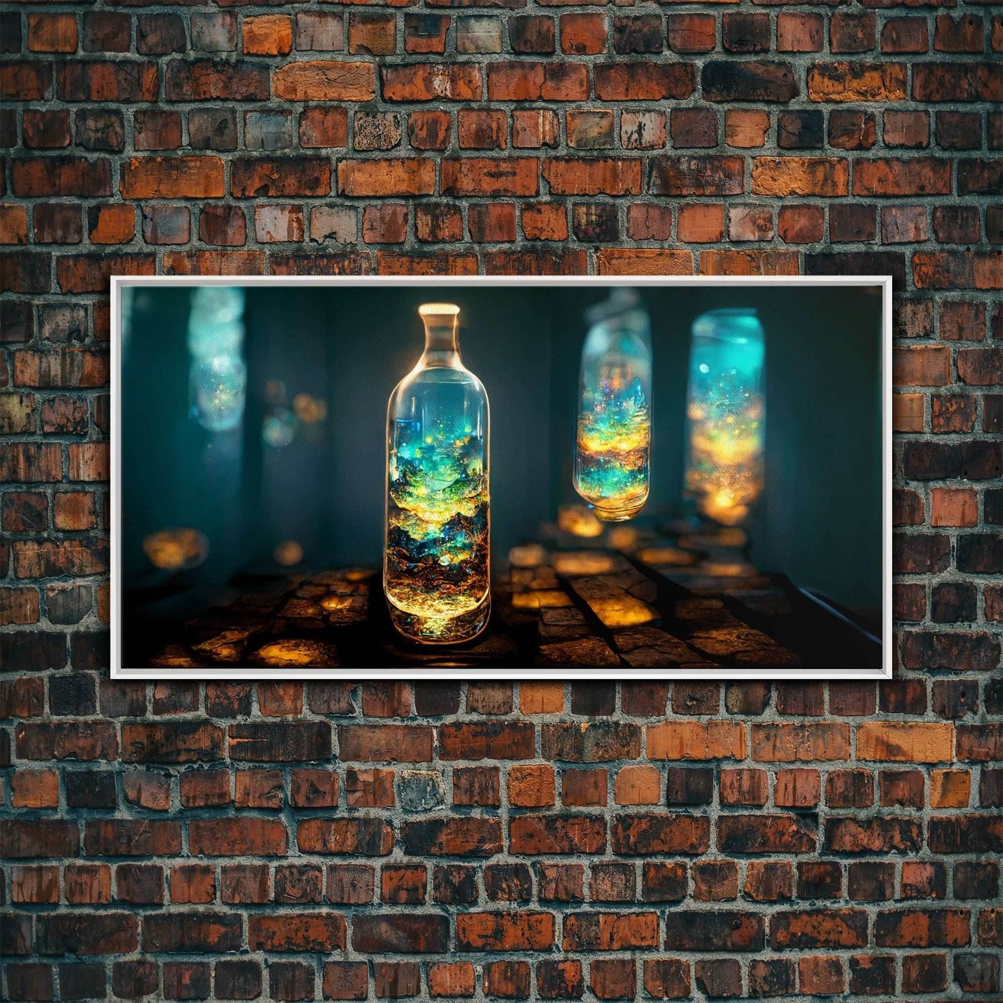 Miniature world in a bottle canvas print, high fantasy wall art, magical wall art, ready to hang wall art - 10x20 Inches / White Frame