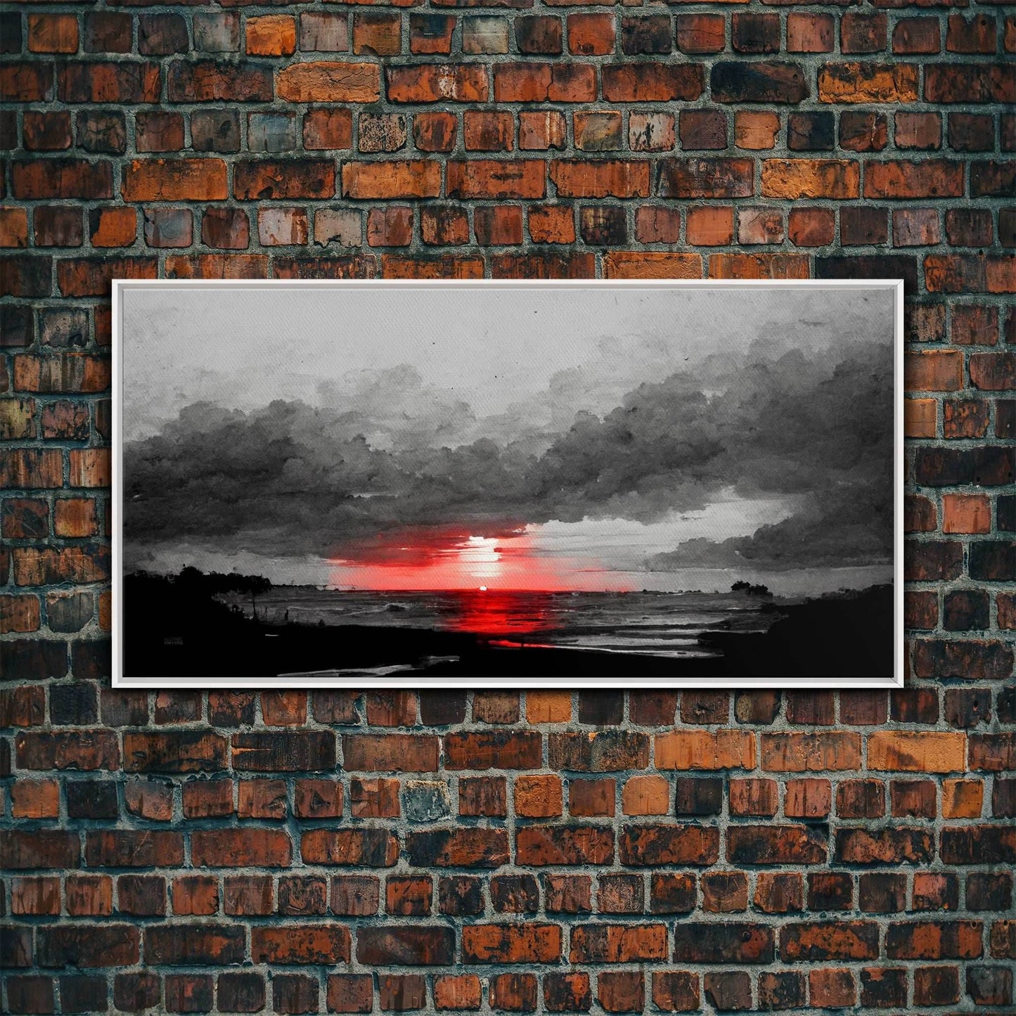 Creepy Blood moon canvas print, dark fantasy art, black and white art, Halloween, spooky art, horror landscape art - 10x20 Inches / White Frame